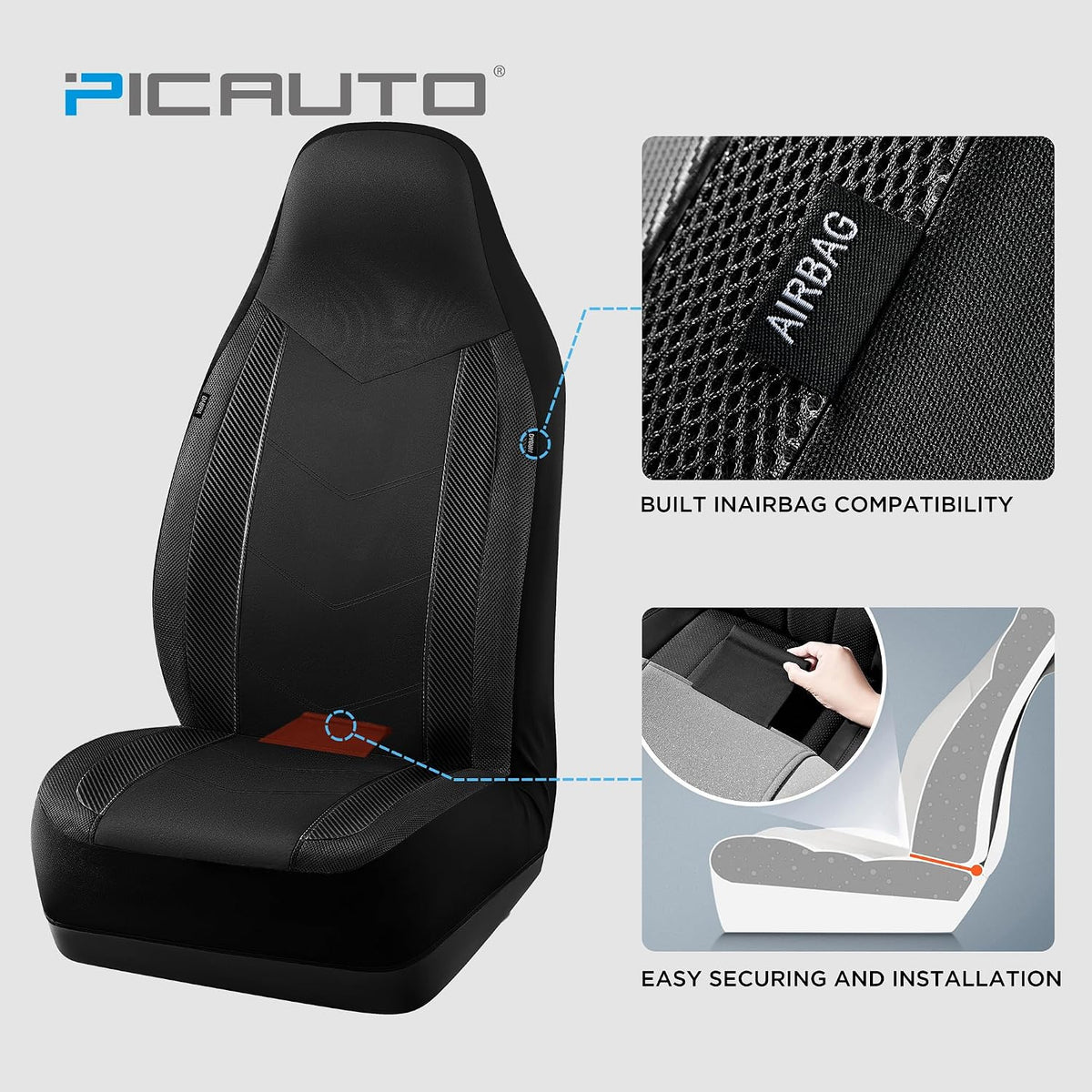 PIC AUTO Car Seat Covers - High Back Front Sports Carbon Fiber & Mesh Design Seat Covers, Automotive Seat Covers, Universal Fit for Most Cars, Airbag Compatible (Black)