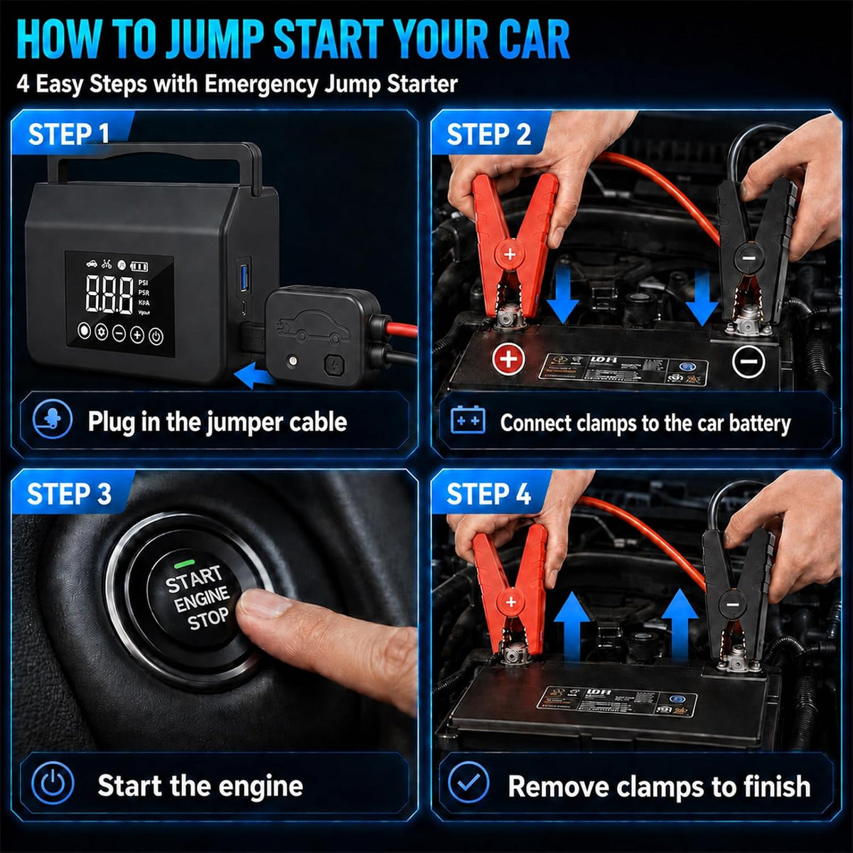 4000A Jump Starter with Air Compressor, 150PSI Tire Inflator, LED Light