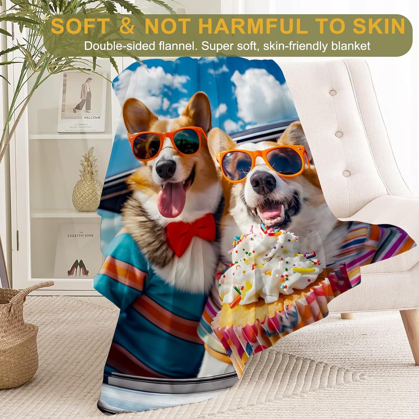 Funny Corgi Dog Fleece Throw Blanket 50x60 Inch,Fun Happy Puppy with Sunglass and Ice Cream Decorative Throws,Soft Lightweight Blankets for Car Travel Beach,Cozy Gifts for Teens Pet Lovers