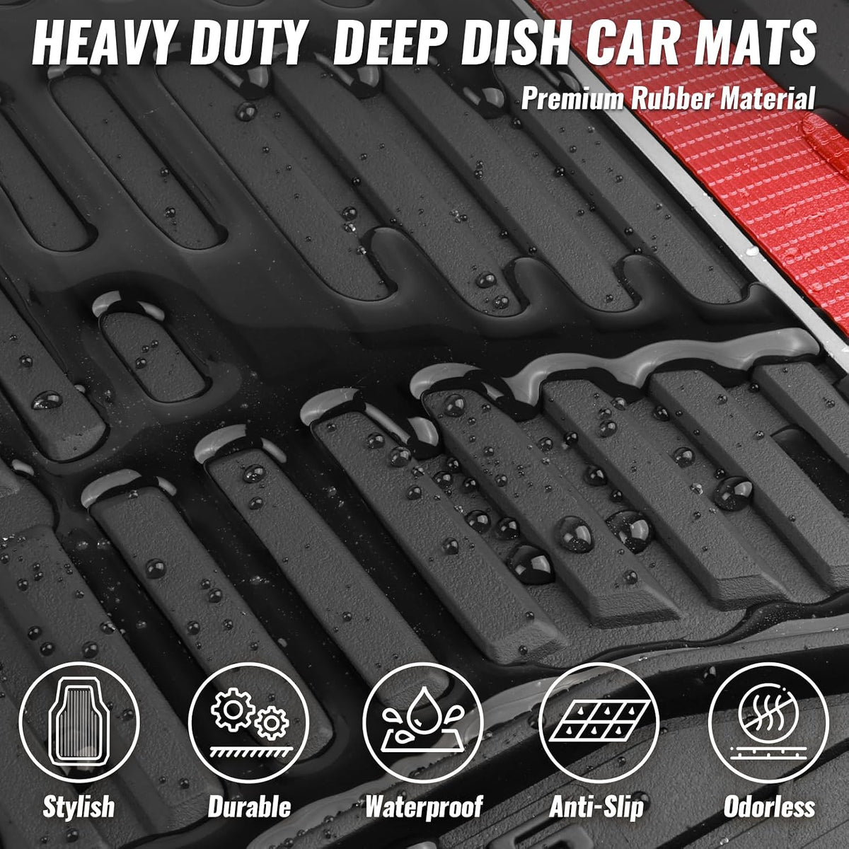 CAR PASS Heavy Duty Rubber Car Floor Mats, Deep Waterproof Car Floor Mats All Weather, Aluminum Film Floor Mats for Cars Non-Slip Universal Trim to Fit for SUVs Trucks Sedans Vans, Black Red Metallic