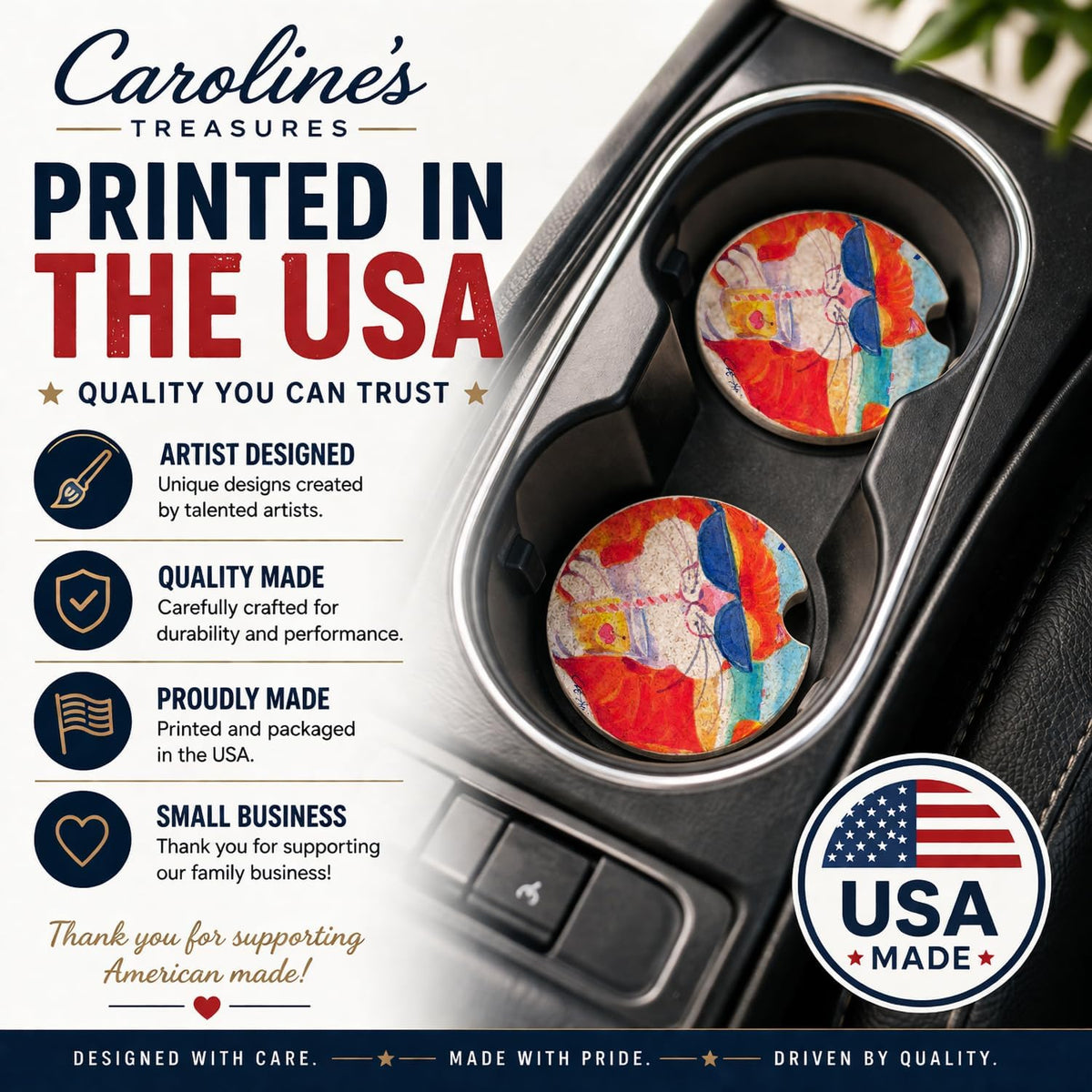 Caroline's Treasures 6118CARC Cool Cat with Sunglasses at The Beach Set of 2 Cup Holder Car Coasters Absorbent Sandstone Coasters for Car Cup Holders Gifts for Men or Women, Large, Multicolor