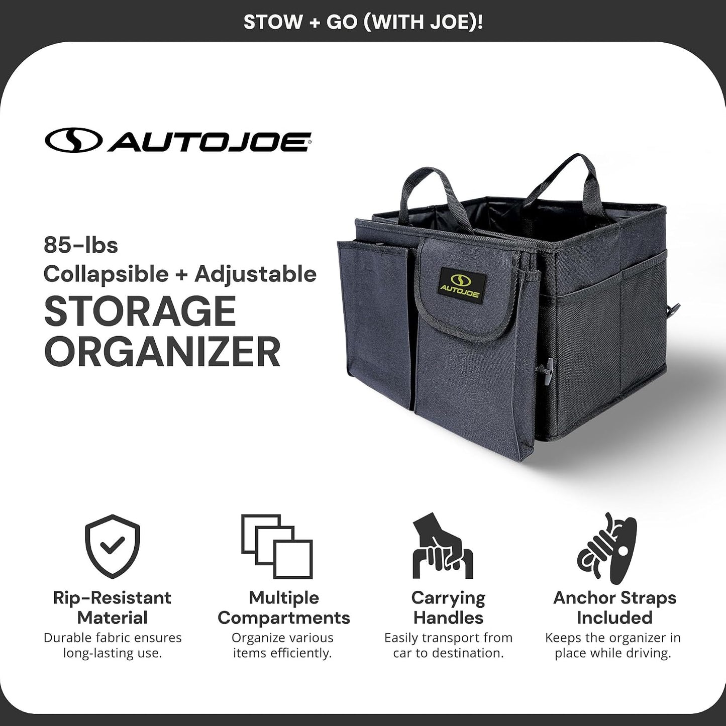 Auto Joe Collapsible Car Trunk Organizer, Storage Caddy with Adjustable Straps, Black - Portable Organization for Automotive Accessories, Cargo, Gear, and Essentials, ATJ-CTSO-BLK