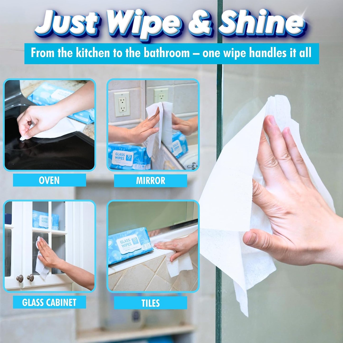 Air Jungles Glass &amp; Window Cleaner Wipes 70 Count, XL 8x10 Inch | Ammonia-Free, Streak-Free, Safe For Car Windshield, Headlight, Mirror, Tile &amp; Home Glass, Removes Fingerprints, Dust, Dirt