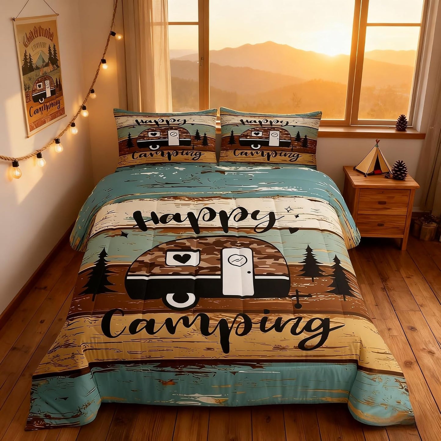 Manfei Rustic Adventure Camper Kids Comforter Set Twin Size,Happy Camping Farmhouse Cabin Lake House Bedding Set,Wooden Plank Pine Nature Quilt Comforter,Brown Retro Duvet Insert,1 Pillowcase
