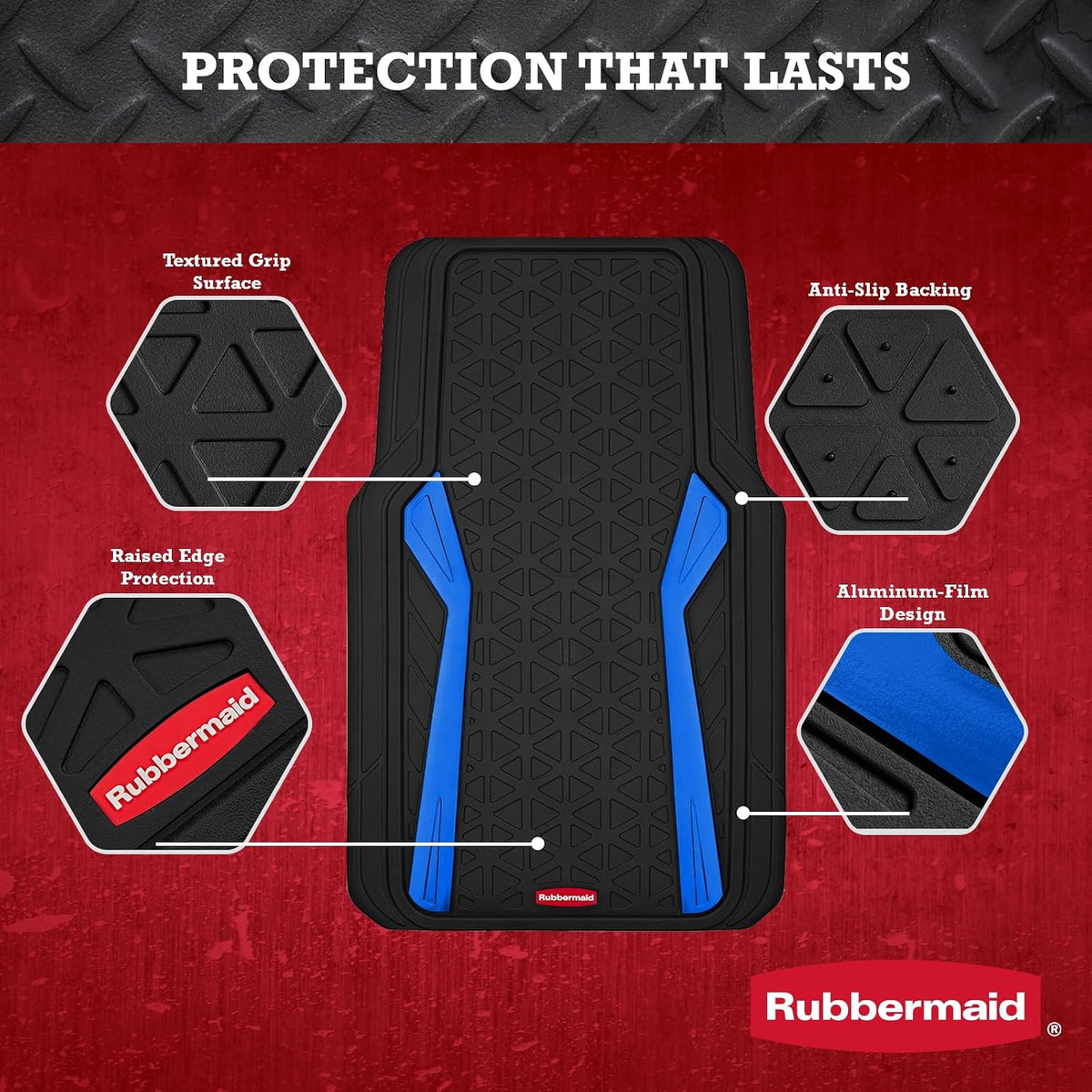 Rubbermaid Car Floor Mats Full Set, Premium Heavy Duty All-Weather Car Mats– Rugged Rubber with Brushed Aluminum Inserts, Universal Trim-to-Fit, Anti-Slip Backing for Cars, SUVs, Trucks & Vans - Blue