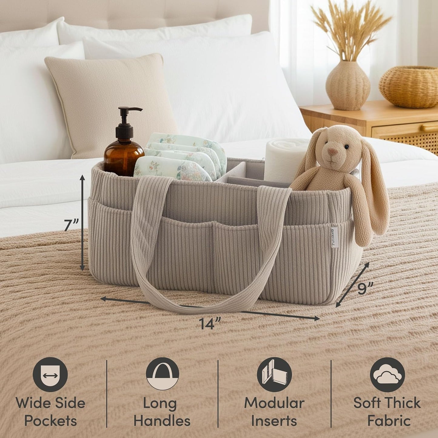 PUTSKA Baby Diaper Caddy Organizer for Changing Table – Stylish Nursery Storage Basket, Newborn Essentials, Baby Shower Gifts and Registry Must-Haves for Boy or Girl, Car Diaper Caddy, Corduroy Grey