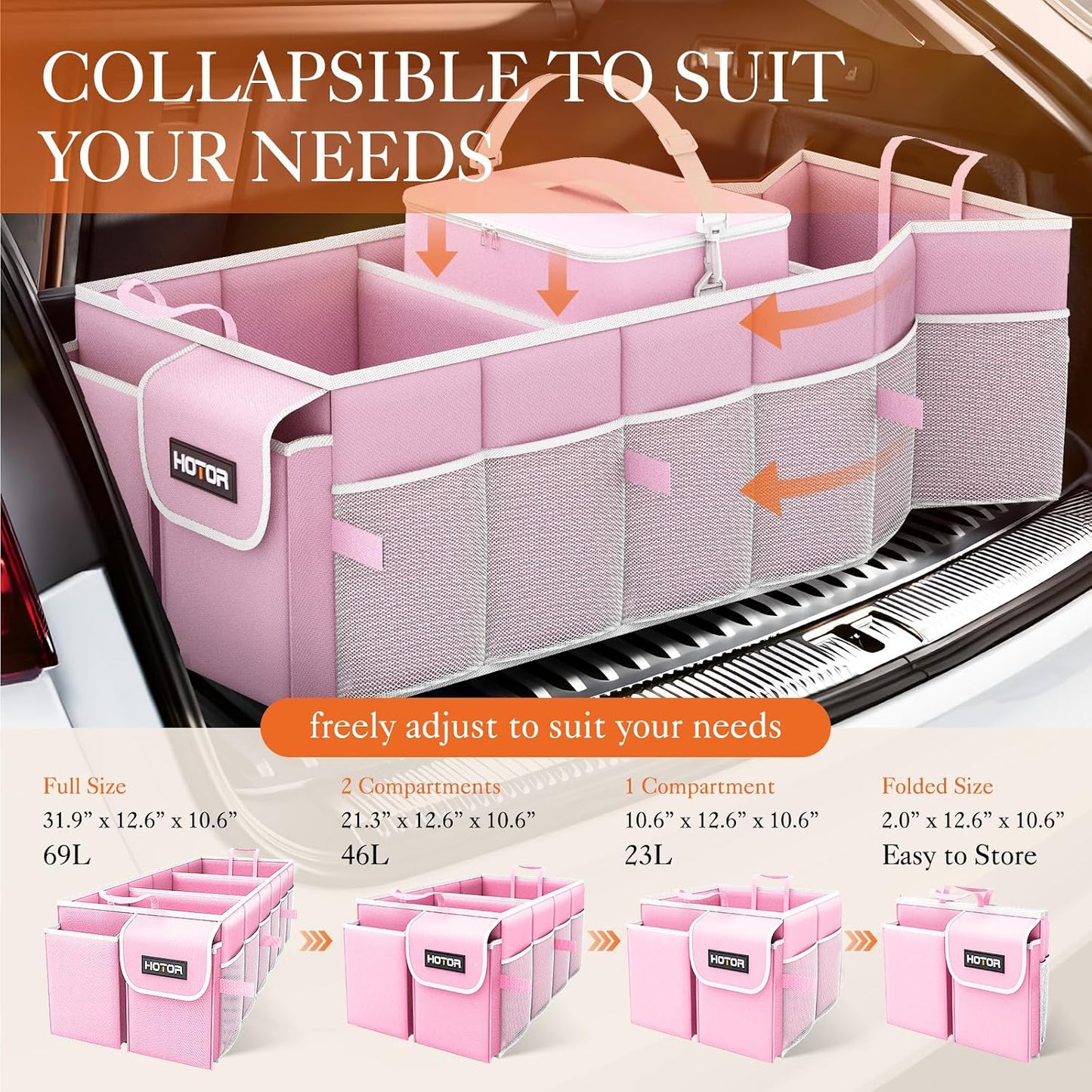 HOTOR Trunk Organizer, Sturdy Foldable with Cooler for Car & SUV, 3 Compartments, Pink, 30.90”×12.60”×10.63”