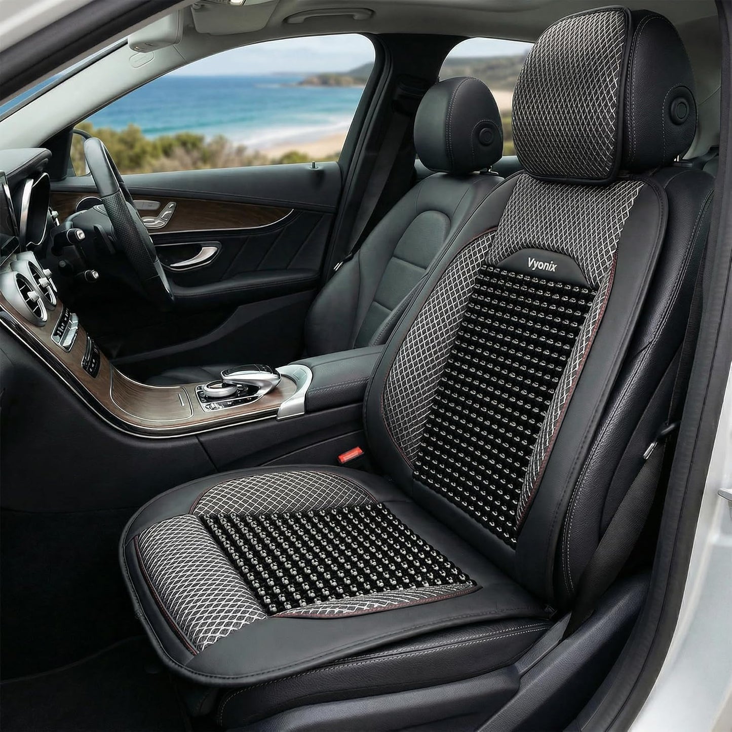 Beaded Car Seat Cover – Wooden Bead Massage Support with Breathable Cooling Mesh – Universal Fit for Sedan, SUV & Truck (1 Pack, Royal Black)