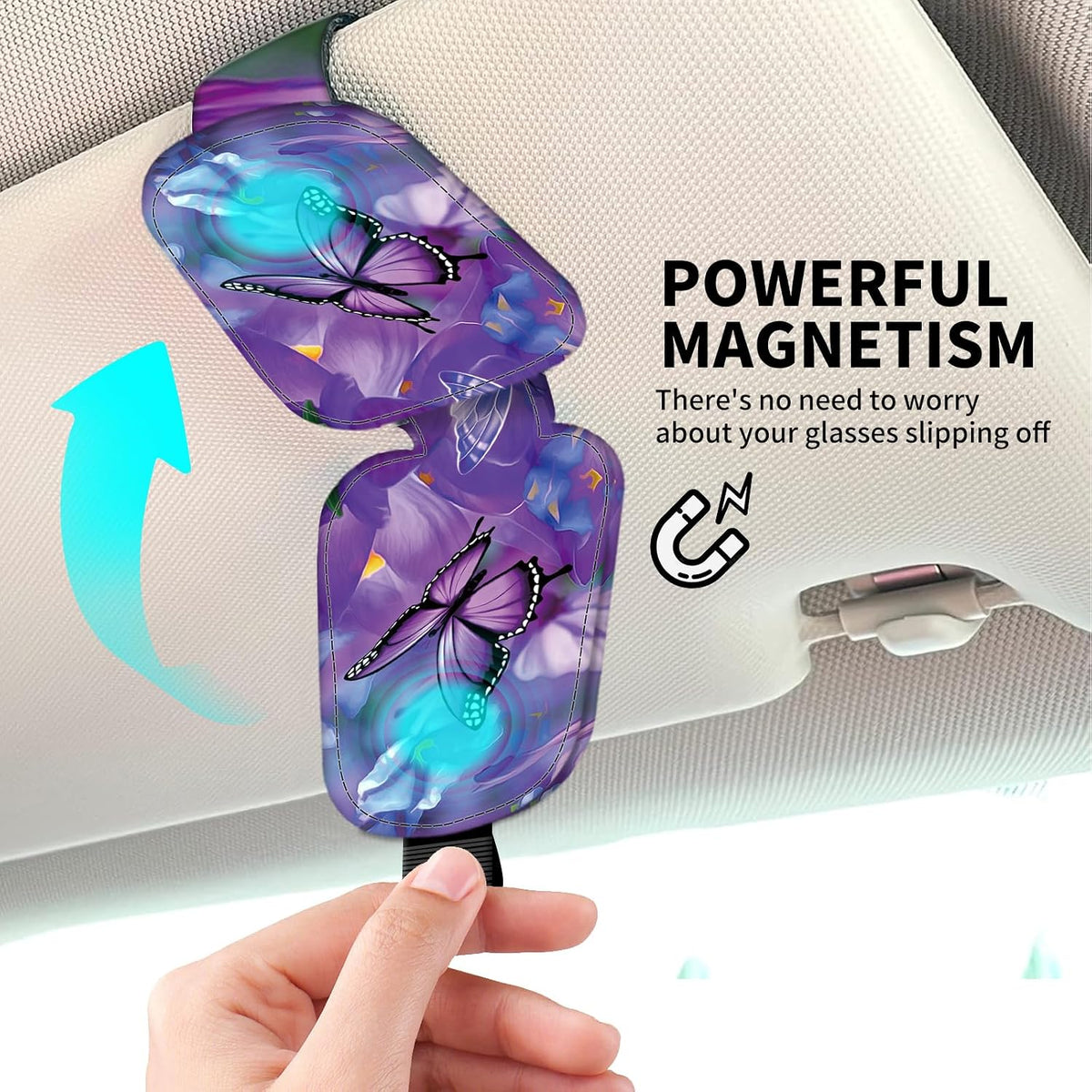 Leather Magnetic Sunglass Holder for Car Sun Visor, Cute Eyeglass Ticket Card Hanger Clip, Universal Auto Interior Accessories for SUV Pickup Truck, Purple Floral