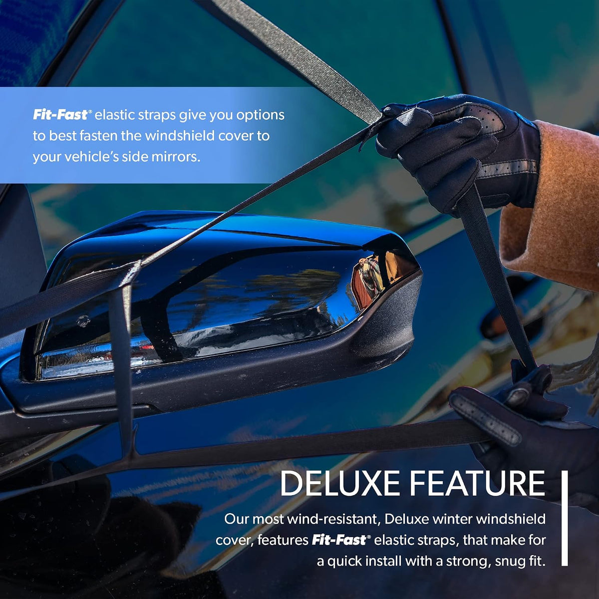 FrostGuard Deluxe | Full-Coverage Car Windshield Cover for Ice and Snow, XL Size - Wiper Blade + Side Mirror Coverage - Fit-Fast Straps + Security Panels - Black, 41 x 68 Inches