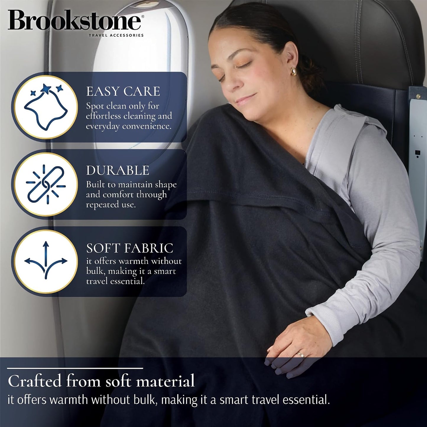 Brookstone Travel Blanket - 2-in-1 Super Soft Lightweight Throw Blanket with Carrying Pouch, Airplane &amp; Car Travel Essentials, Black