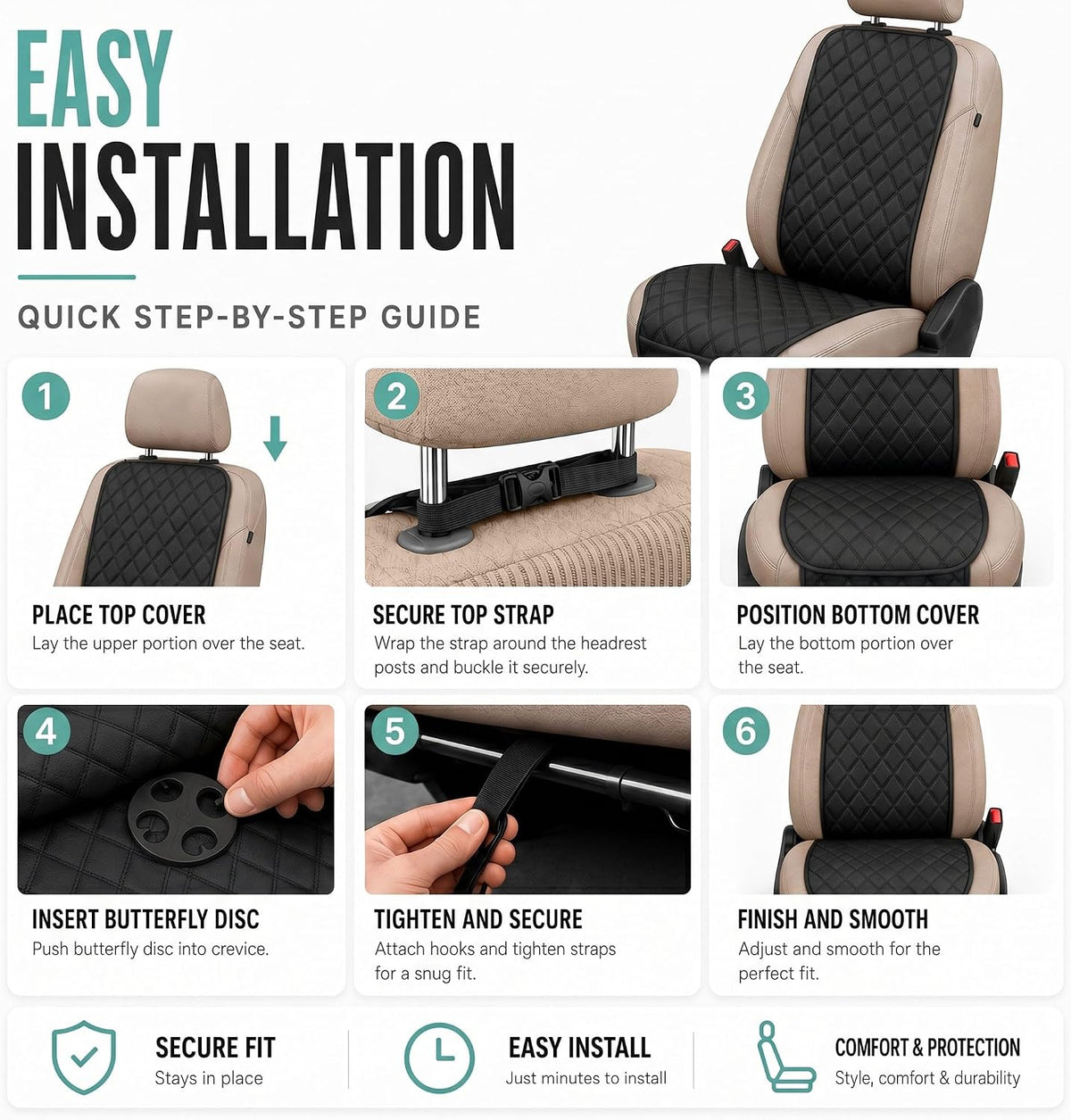 FH Group Car Seat Cushion – Neosupreme Single Front Seat Cover with Front Pockets, Airbag Compatible, Universal Fit Car Seat Cushion for Driver or Passenger Seat, SUV, Truck, Sedan & Van – Black