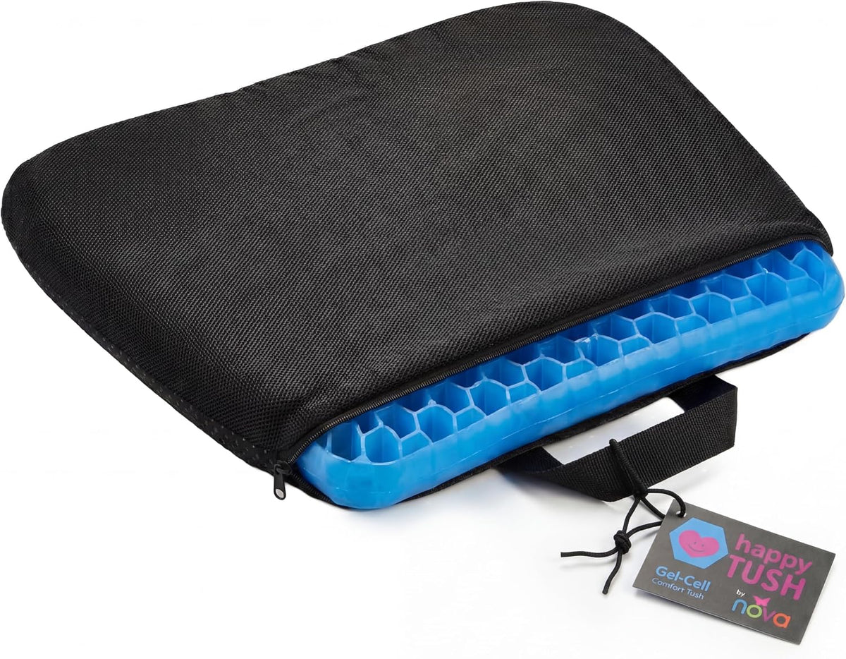NOVA Happy Tush Gel Cell Seat Cushion, Double-Layer Pressure-Relief Gel, Foldable & Portable, Water-Resistant, Washable Non-Slip Cover, Home, Office & Travel