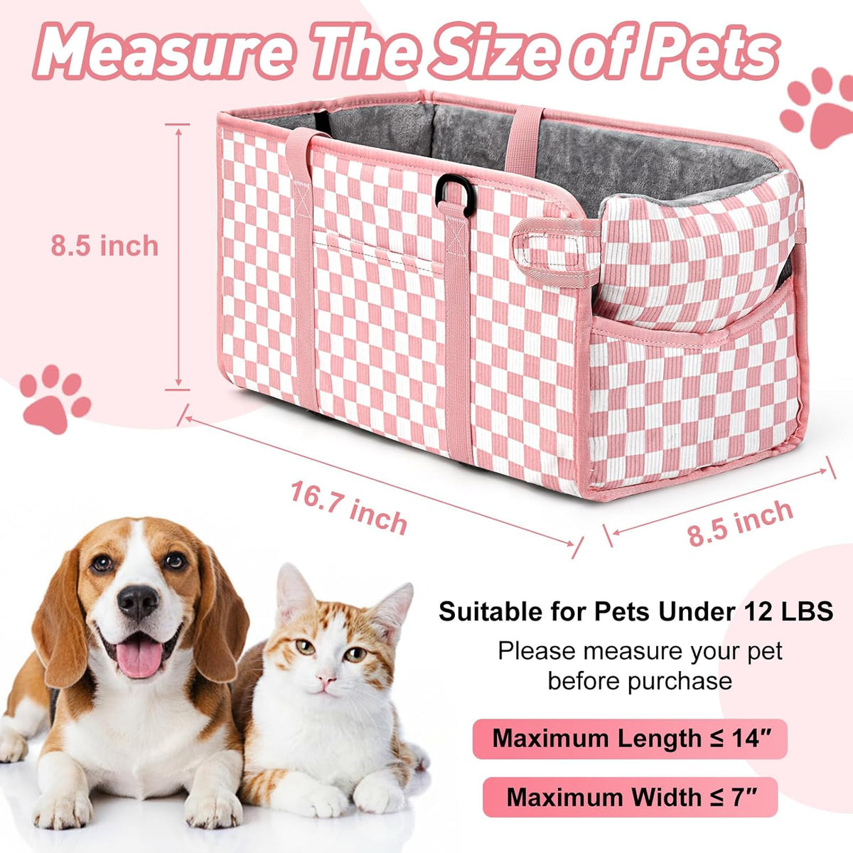 Console Dog Car Seat - Portable Dogs Armrest Booster Seat for Small Dog, Foldable Pet Car Seat with Safety Belt, Pink Checkered