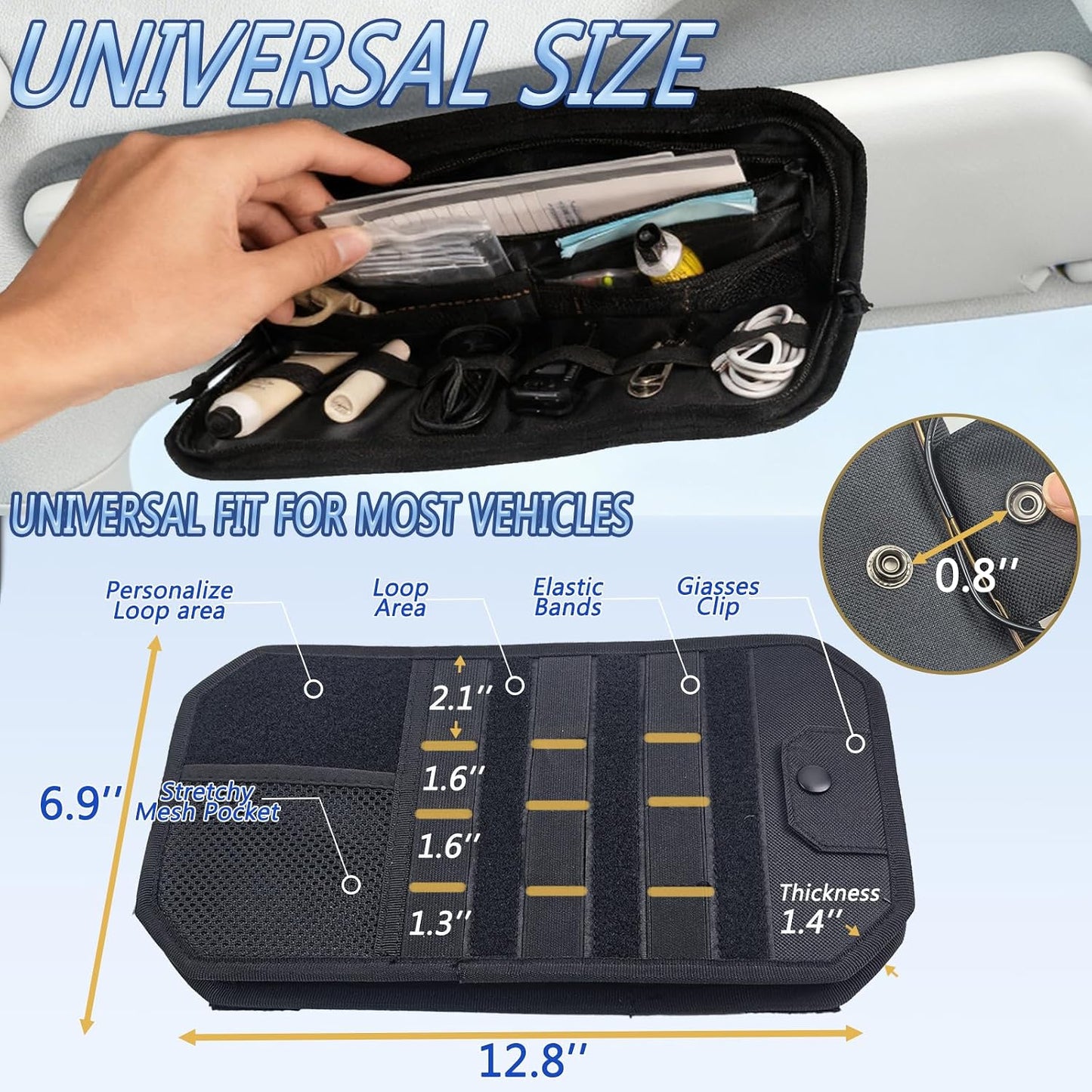 Car Visor Organizer, Truck Visor Organizer for Police Gear & Overlanding | 1000D polyester, Velcro straps, MOLLE panel, zipper storage. Fits sedans, SUVs, Jeeps & trucks. 2 USA flag patches included