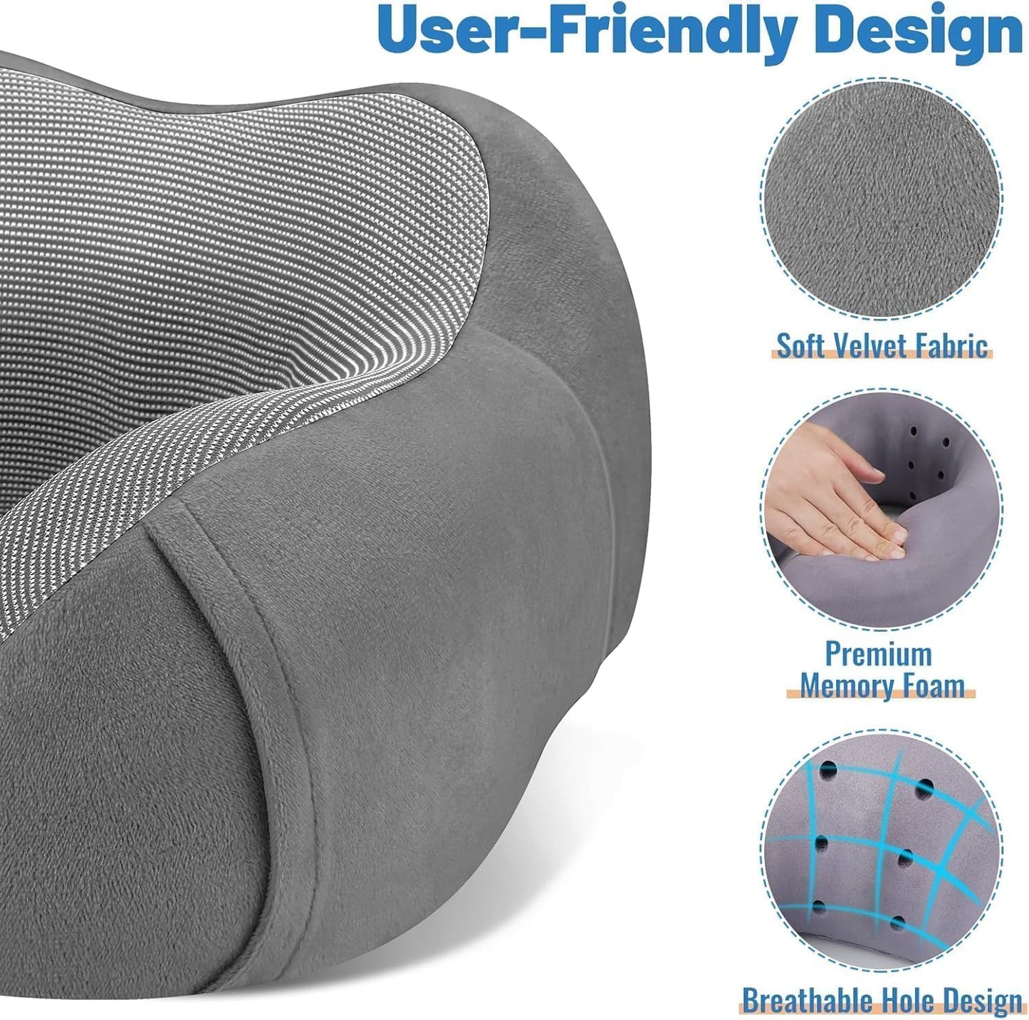 CloudBliss Travel Pillows for Airplane, Memory Foam Neck Pillows for Travel, Compact Neck Pillow for Long Flight, Car & Office, Plane Accessories with Eye Mask, Earplugs, Carry Bag, Black & Dark Grey