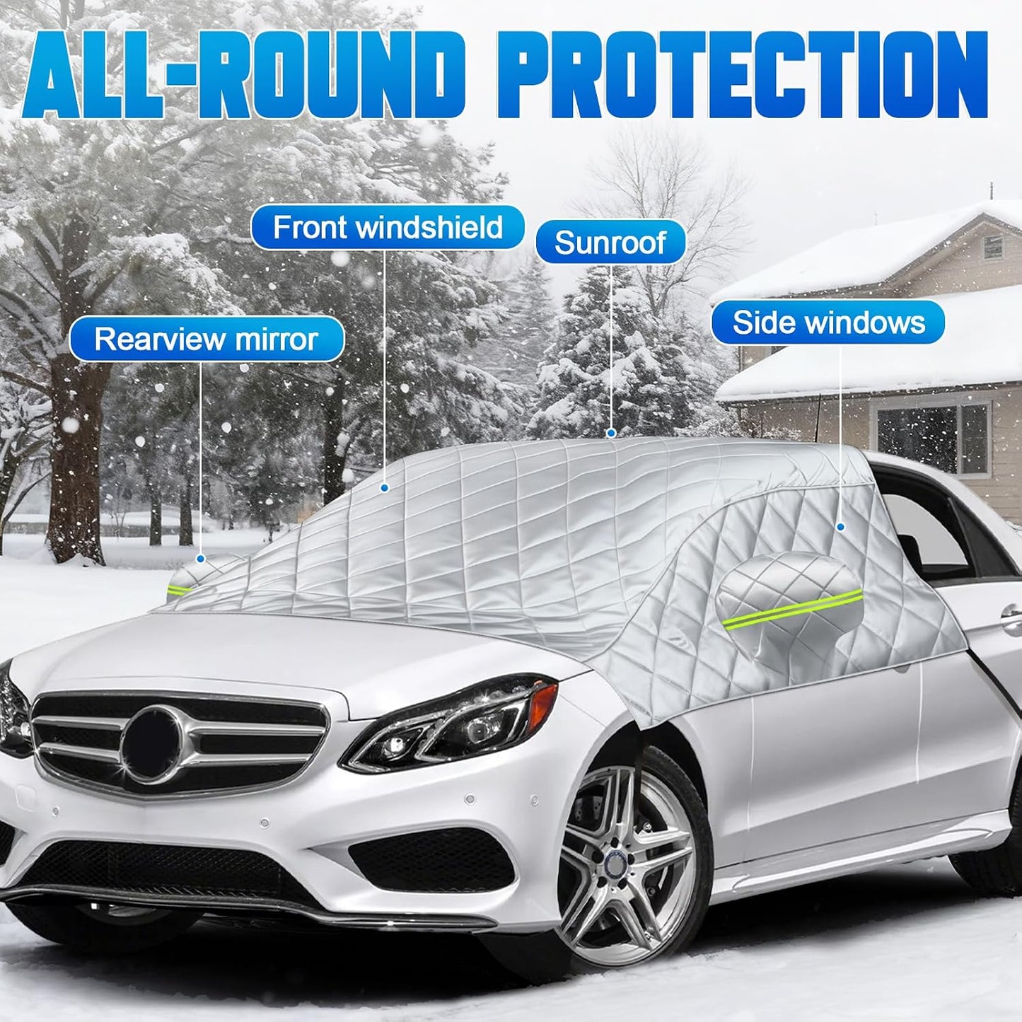 6 Layers Windshield Snow Cover Universal Midsize Sedan/Compact SUV Protection Hail & Snow Shield | Scratch-Free Hooks + Reflective Strips + Mirror Covers