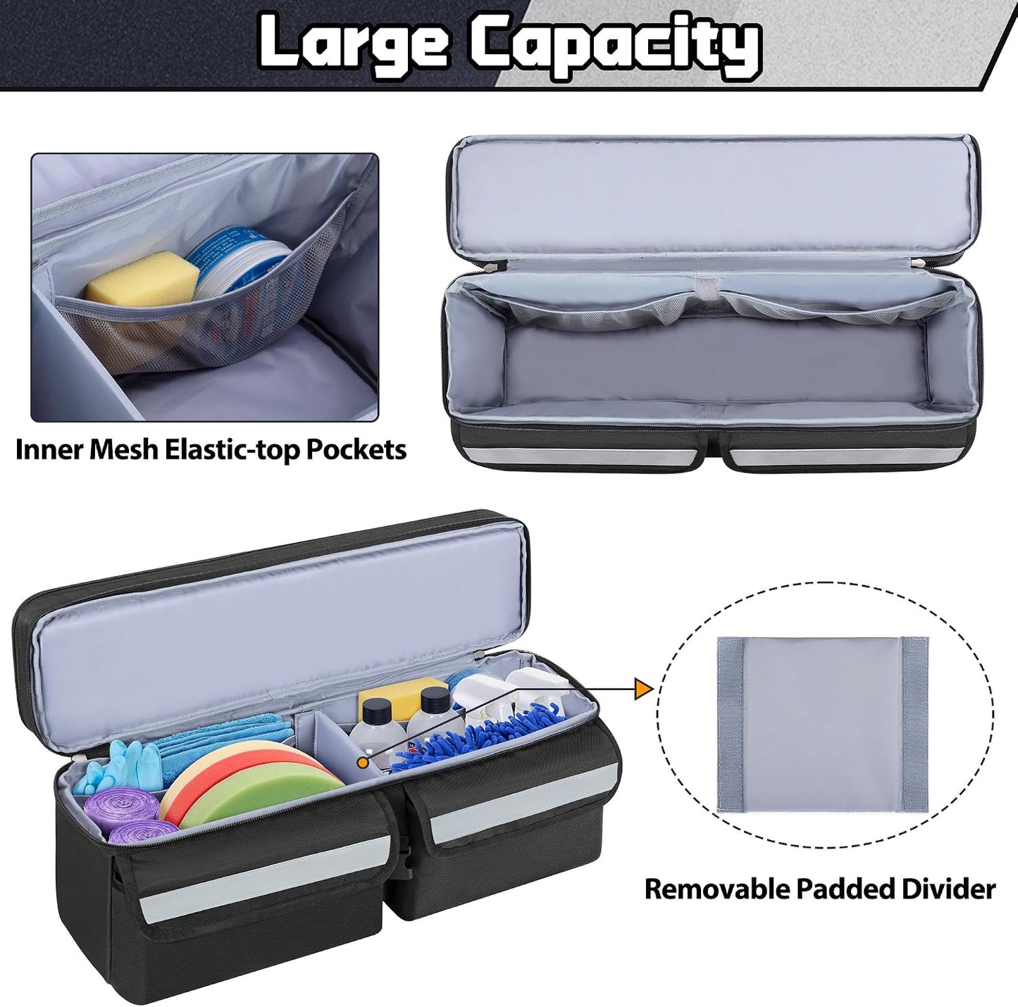 GRAOSO Car Trunk Organizer Compatible With Toyota FJ Cruiser 2007-2021, Multifunctional Car Storage Box with Lid, Double Layer Bag with 3 Wide Hook & Loop Tapes, Both Side with Straps to Fix, Black