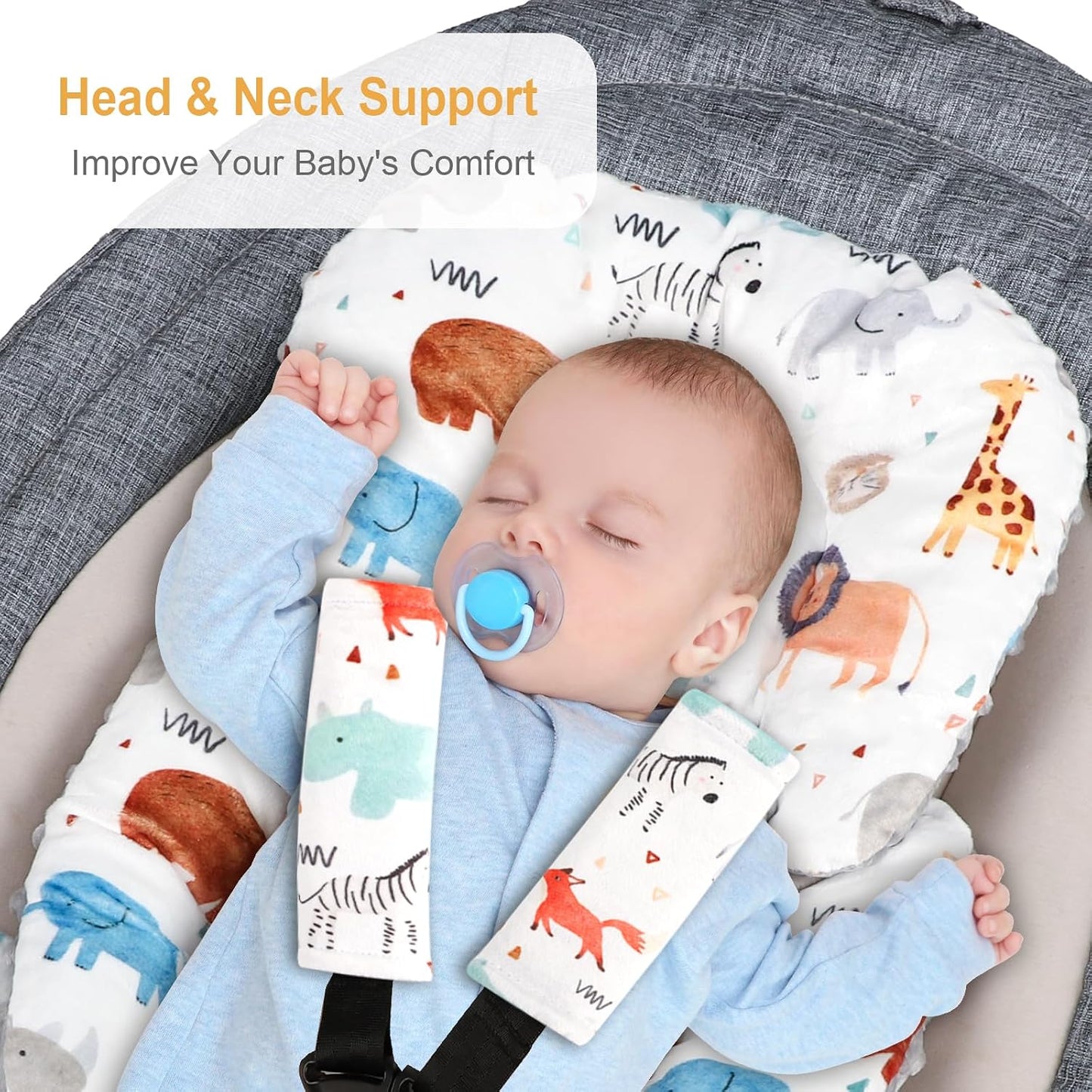 Infant Car Seat Insert, Car Seat Head Support Baby with 2 Covers, Ultra-Soft Newborn Carseat Insert, Perfect for Car Seat, Stroller, Swing, Animals