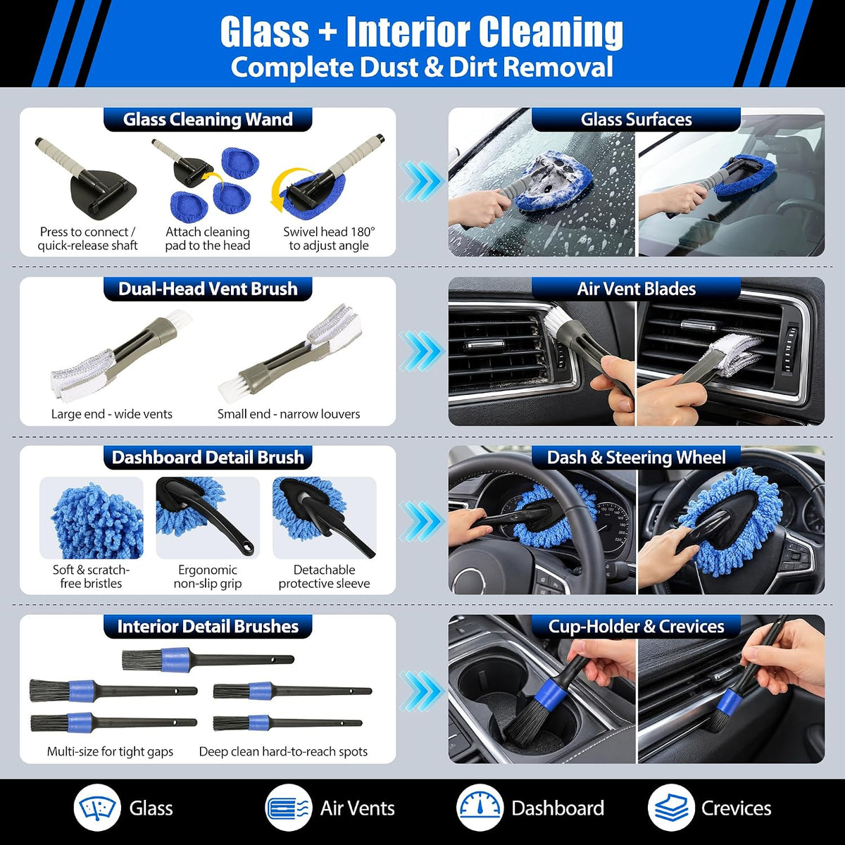 27Pcs Car Detailing Kit with Heavy Duty Detailing Brushes, Car Wash Cleaning Tool, Car Care kit for Comprehensive Car Wash Windshield Interior Exterior Wheels, Blue (27pcs)
