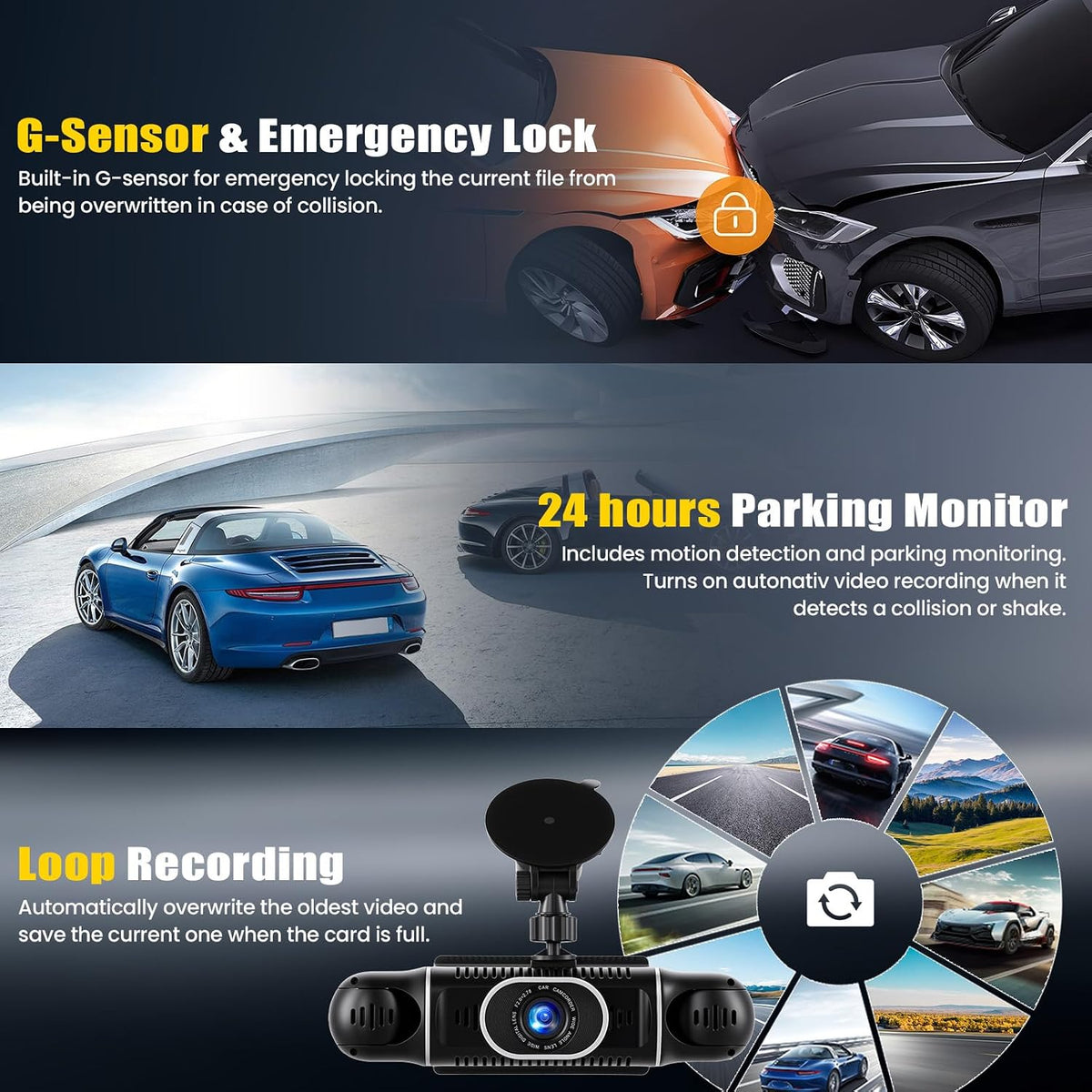 360° 4 Channel 1080P Dash Cam Front and Rear Inside,3” Dash Camera for Cars Car Camera with WiFi,APP Control,IR Night Vision,Loop Recording,G-Sensor,Parking Assistance,24H Parking Monitor