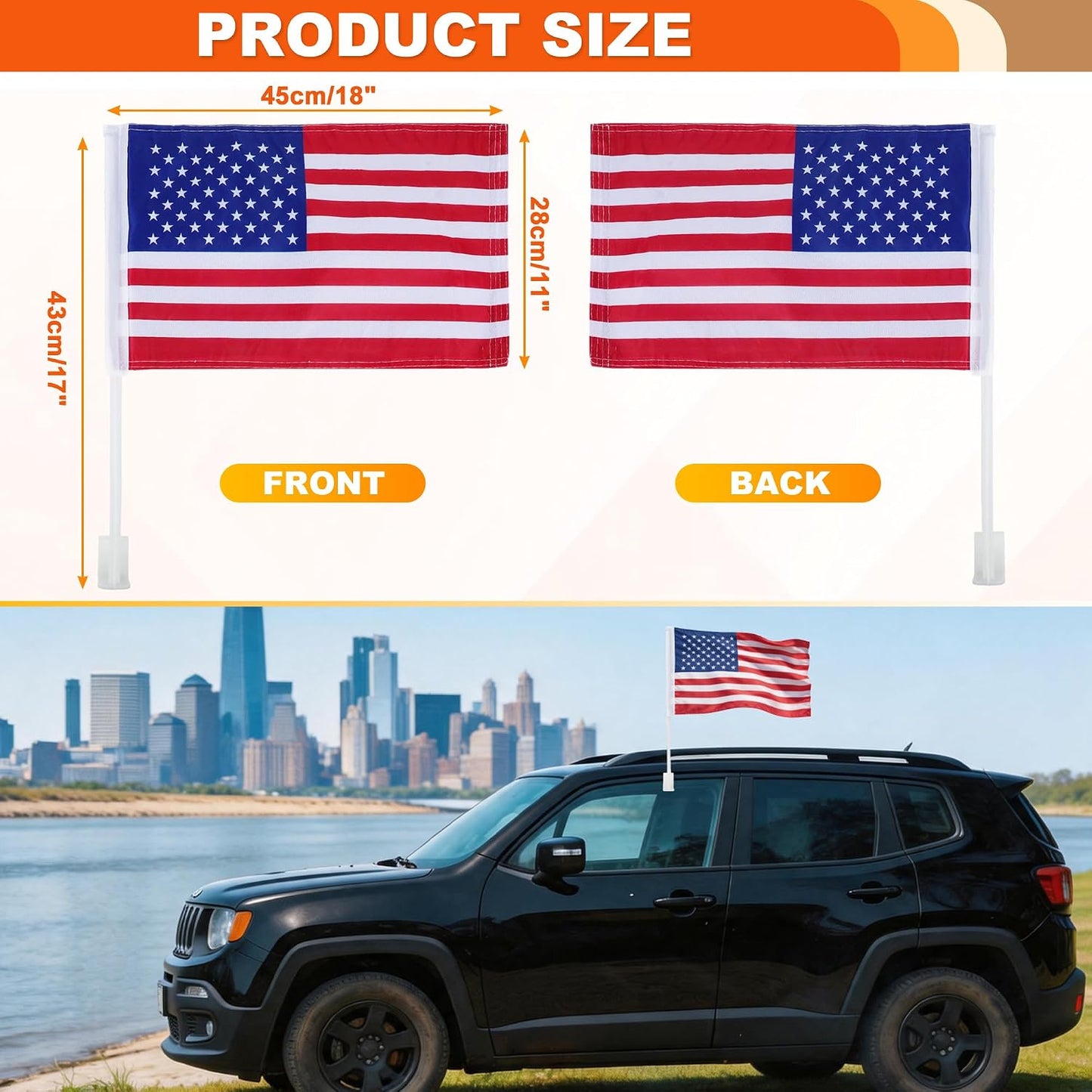 2-Pack American Flag for Car Window - Heavy Duty 2-Ply Warp-Knitted Polyester USA Car Flags, 17.5" Sturdy Pole W/Window Clip, Highway Ready for SUV, Truck & Football Sports Events