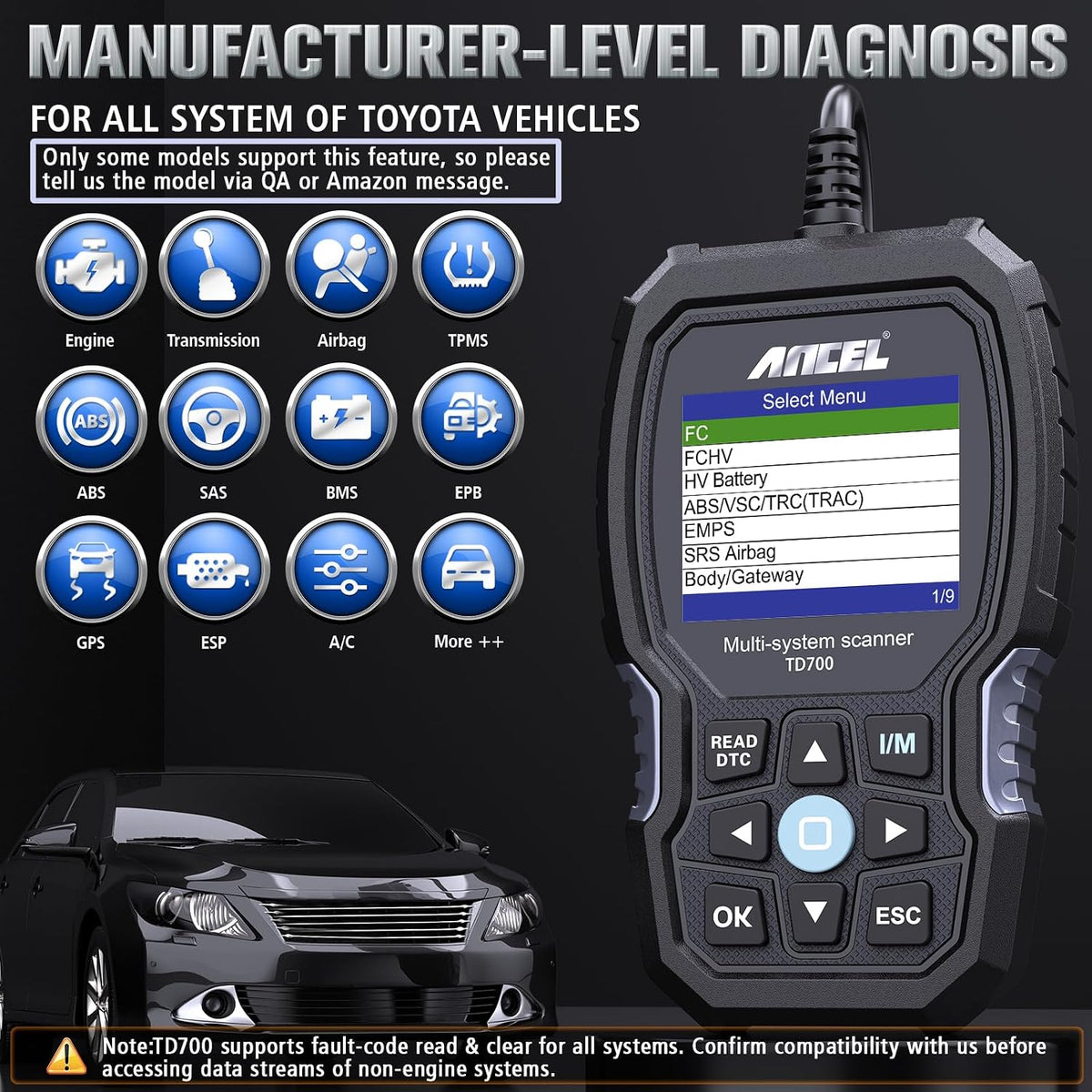 ANCEL TD700 Fits for Toyota OBD2 Scanner, Engine Car Diagnostic Scan Tool Fit for Toyota Lexus Scion, All System Code Reader Reading/Erasing Code,1996-2021