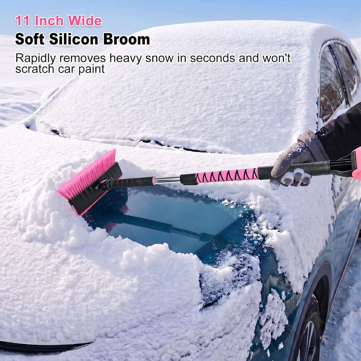 48 Inch Extendable Snow Brush with Squeegee Ice Scraper - Pink