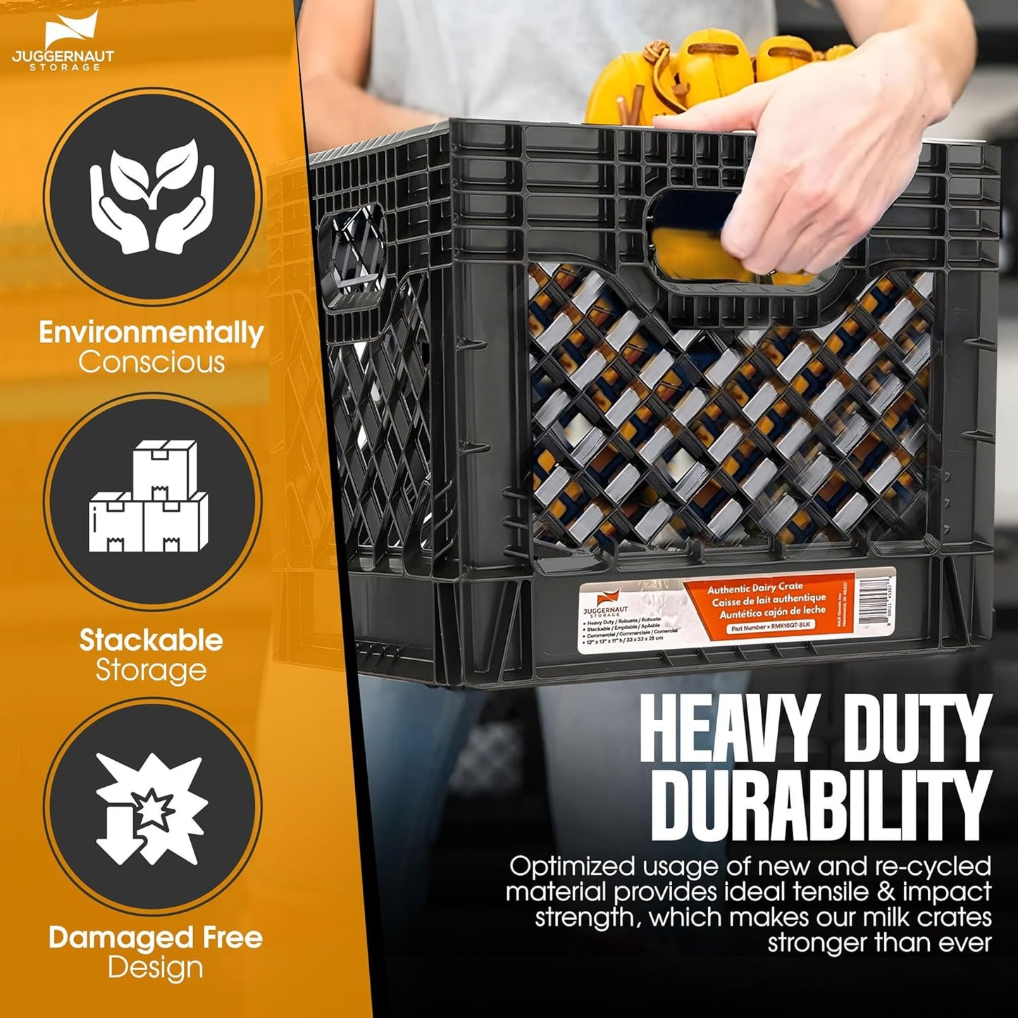 Juggernaut Storage 2-Pack Stackable Heavy Duty Milk Crates with Handles, 16 Qt, Black - Organizing Plastic Crate Basket for Grocery Shopping, Home Supplies, and Bathroom Accessories