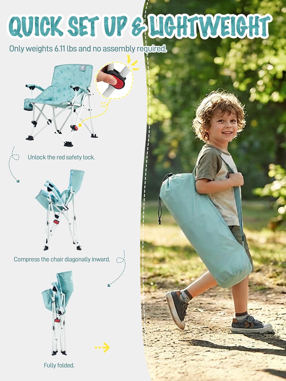 EVER ADVANCED Kids Camping Chairs with Cup Holder, Padded Folding Camping Chair Outdoor with Safety Lock, Carry Bag, Lightweight Portable Camp Chairs for Beach, Balcony, Patio, Supports 150lbs, Green