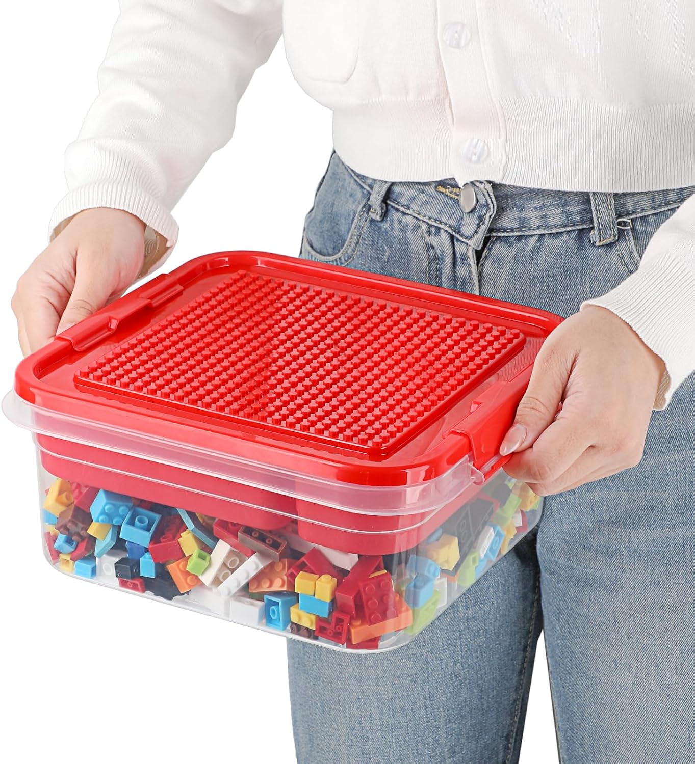 Plastic Storage Container with Bricks Baseplate Lid for Building Blocks, Bricks Building Set Organization Bin with Compartments Tray, Stackable Storage Box Building Block Chest Case (Red)