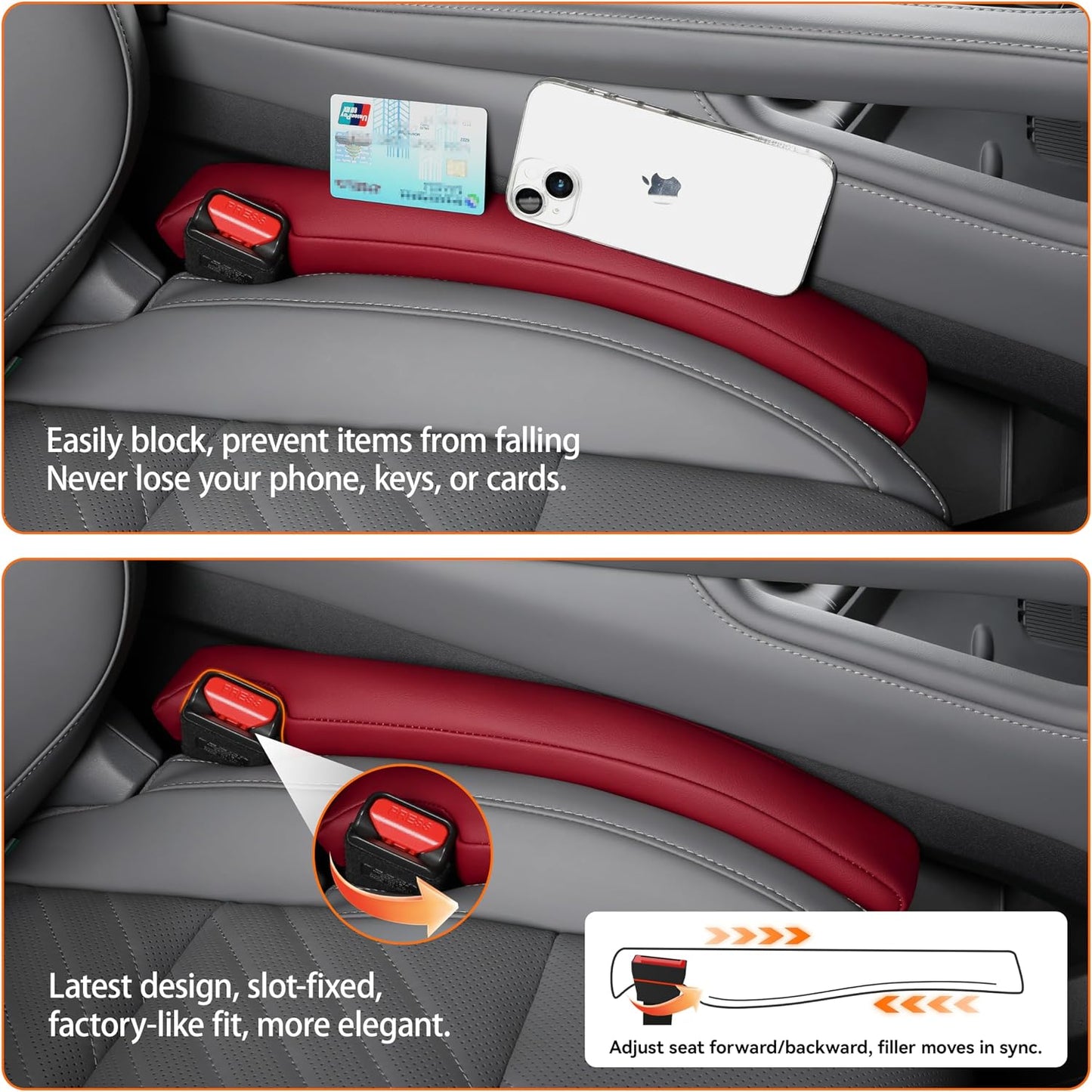 Car Seat Gap Filler 2 Pack, Faux Leather Strip/Plug Console Blockers for Cars, Trucks, SUVs, Adjustable Width 1.4–2.4 Inch, Universal Fit Prevents Items Falling Between Seats