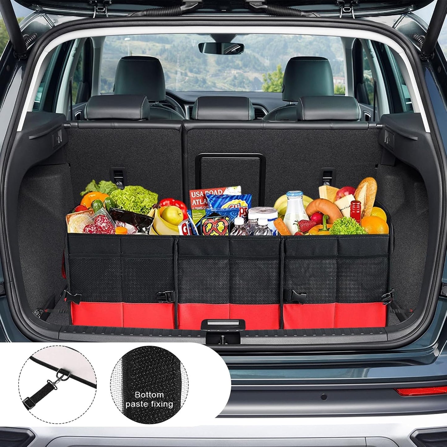 Car Trunk Organizer, Large Capacity Collapsible Cargo Organizer with Adjustable Straps Reinforced Handles, Multi-Compartment Trunk Storage Box for Car Truck SUV Sedan (Black & Red)