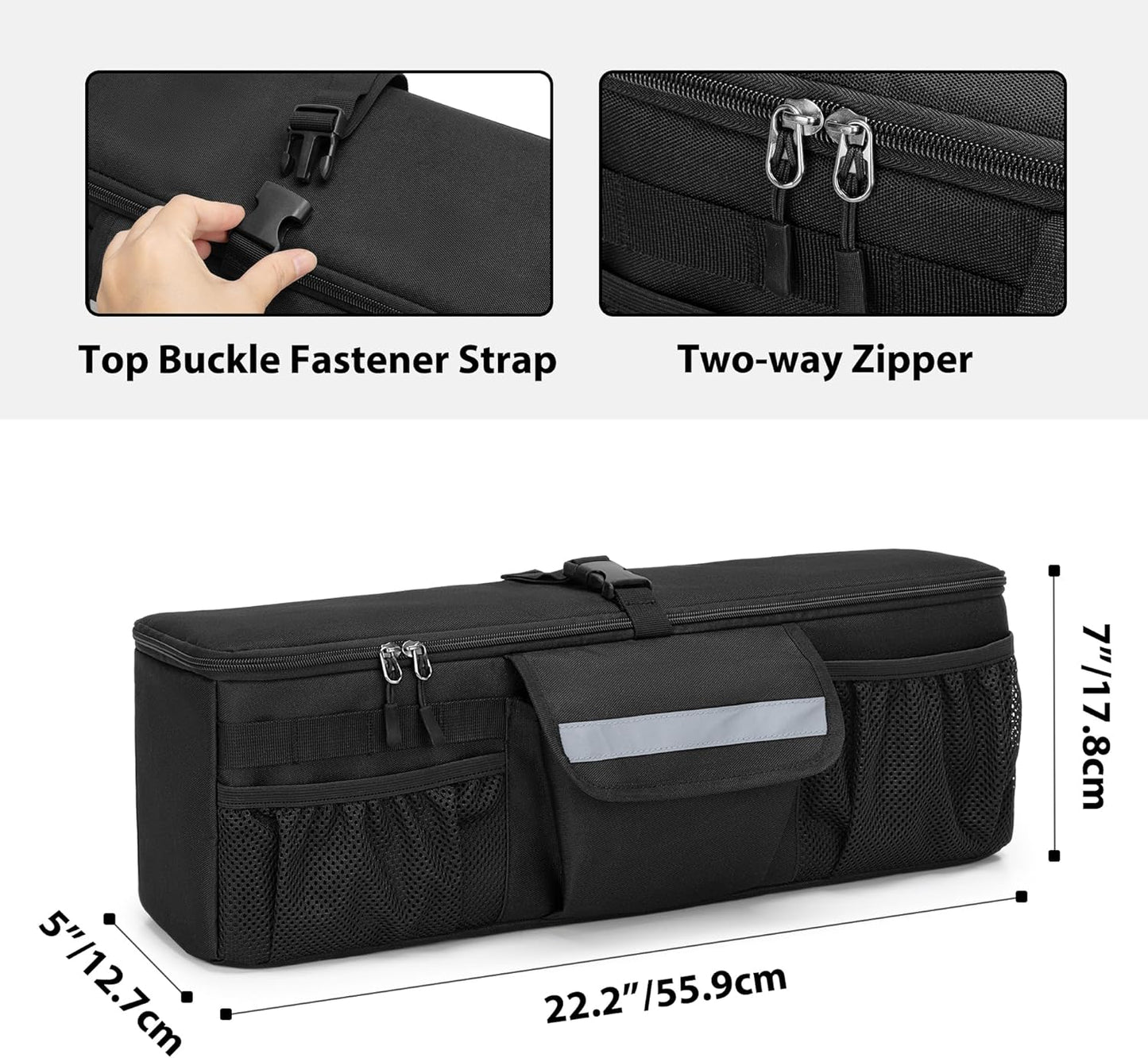 GRAOSO Car Trunk Organizer Compatible with Toyota FJ Cruiser 2007-2021, Rear Storage Bag with 3 Pieces of 1.5” Wide Hook&Loop Tapes, 2 Adjustable Hanging Loops, Multiple Pockets, Black