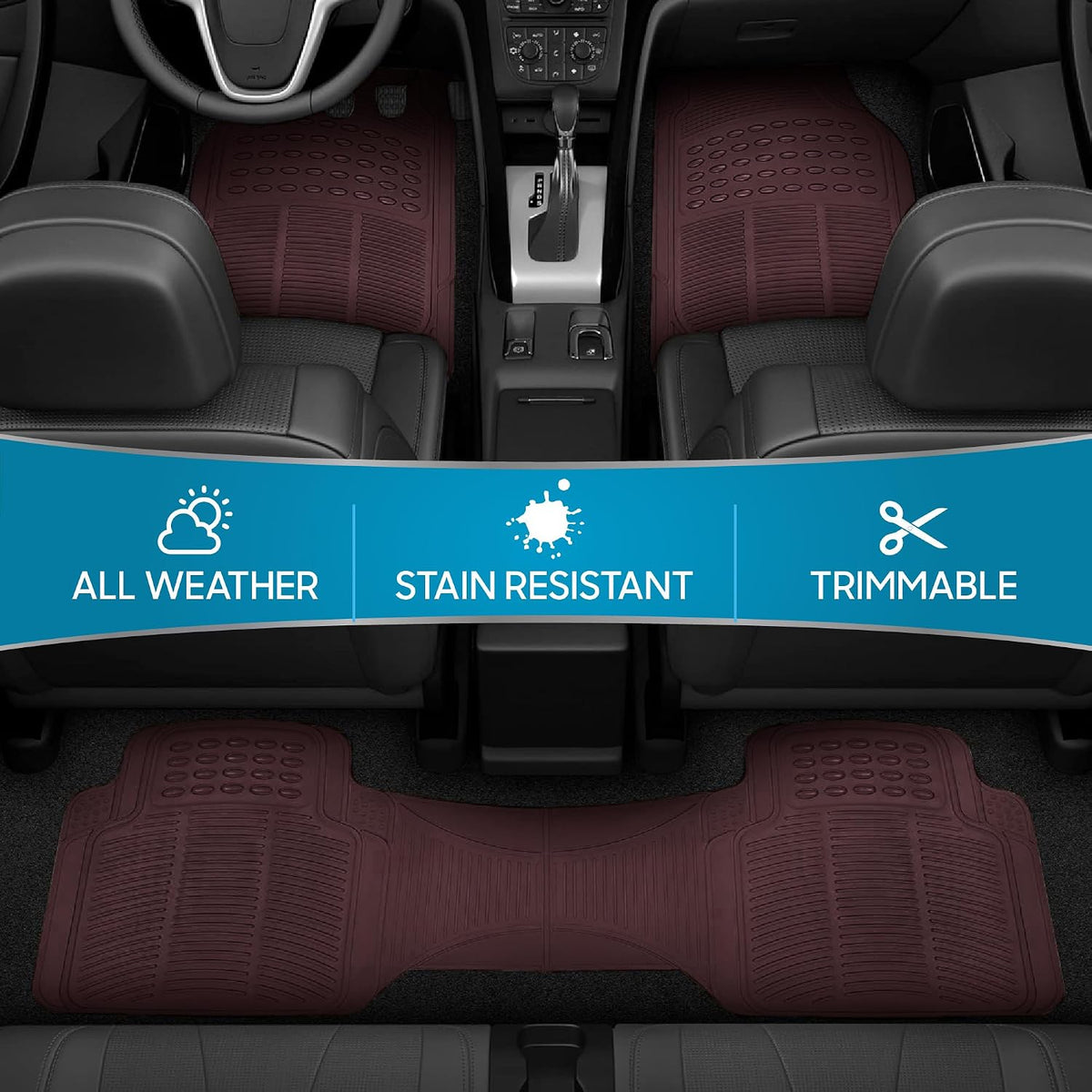 BDK ProLiner Car Floor Mats for Cars Trucks SUV 3pc All-Weather Burgundy