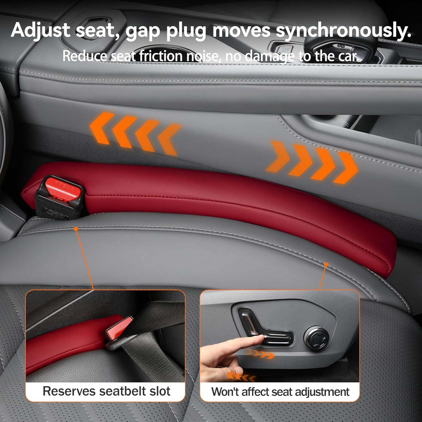Car Seat Gap Filler 2 Pack, Faux Leather Strip/Plug Console Blockers for Cars, Trucks, SUVs, Adjustable Width 1.4–2.4 Inch, Universal Fit Prevents Items Falling Between Seats