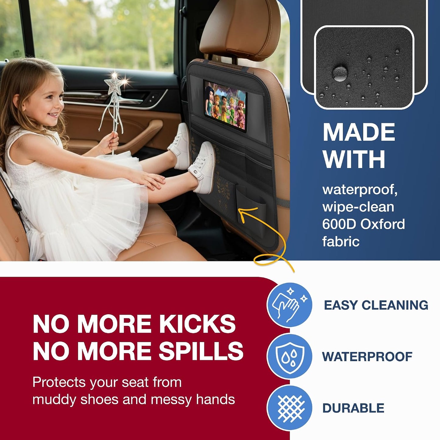 Car Backseat Organizer with Tablet Holder (2-pack) - Updated 2025 Oxford 600D Car Storage Organizer, Foldable Car Tray Kids, Road Trip Essentials, Back Seat Protector Kick Mats, Travel Accessories