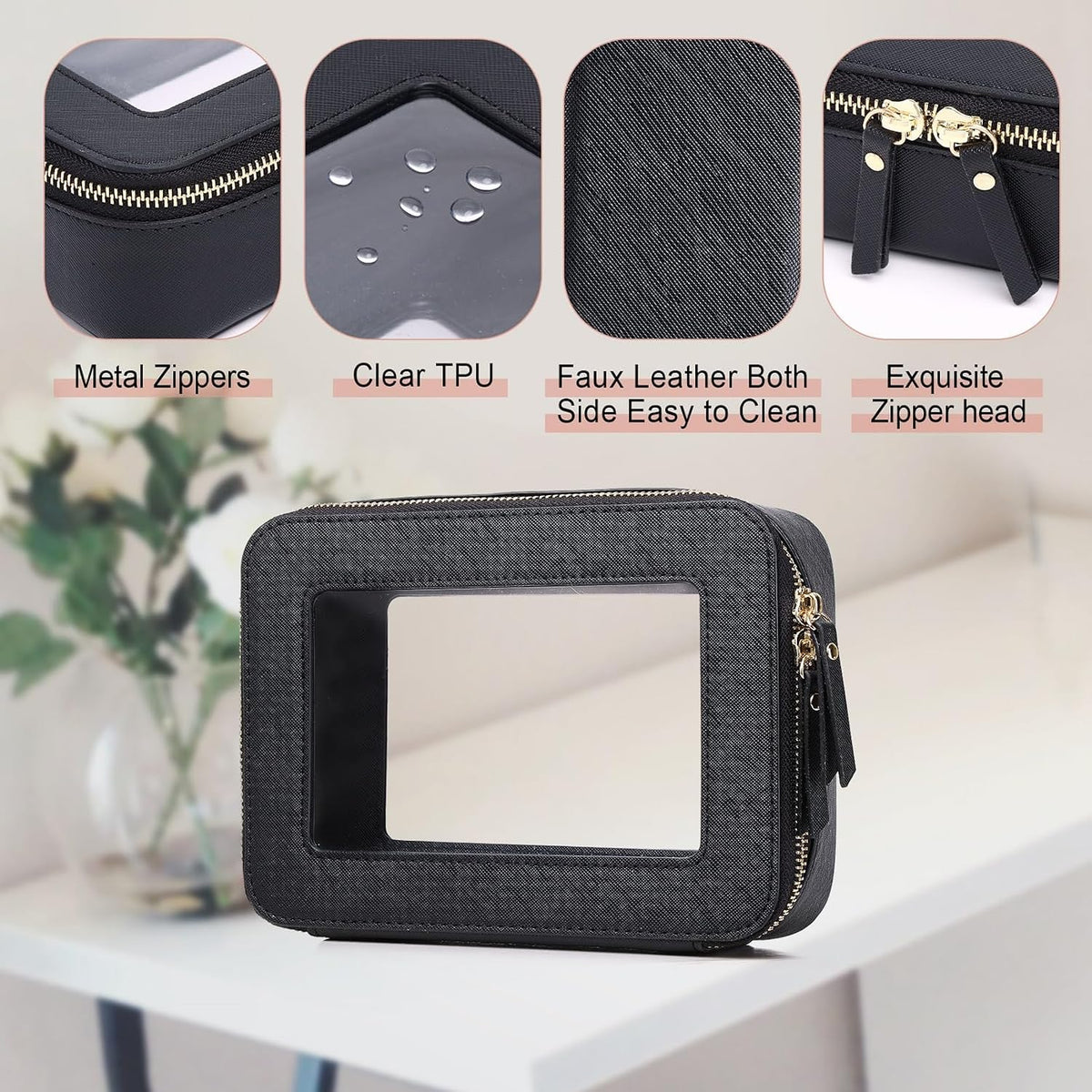 Pinkmik Clear Makeup Bag, (Black, M)