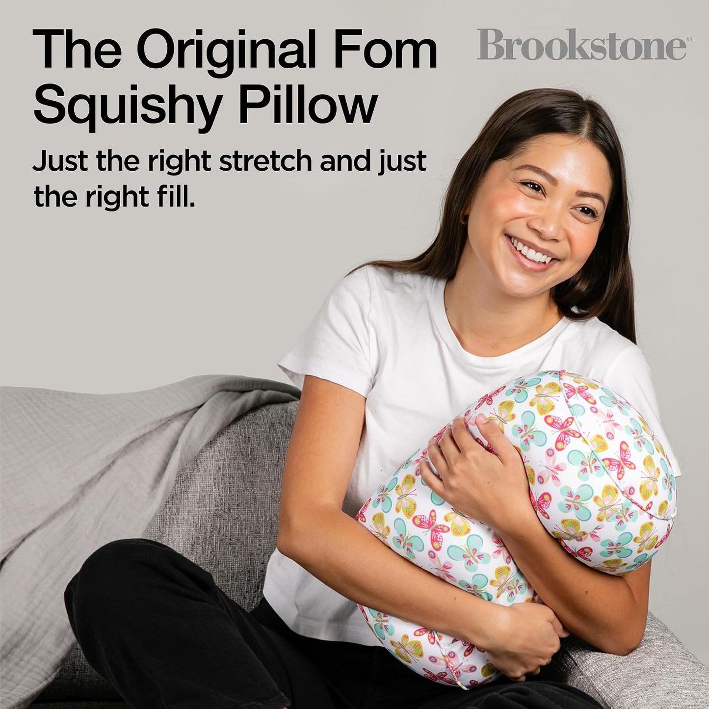 Brookstone Squishy FOM Cushion Pillow - The Original Stretchy, Comfy, Colorful Pillow for Neck, Lumbar Support, and Bed - for Sleeping, Car, Travel, Small, Butterflies, 12 x 7 Inches