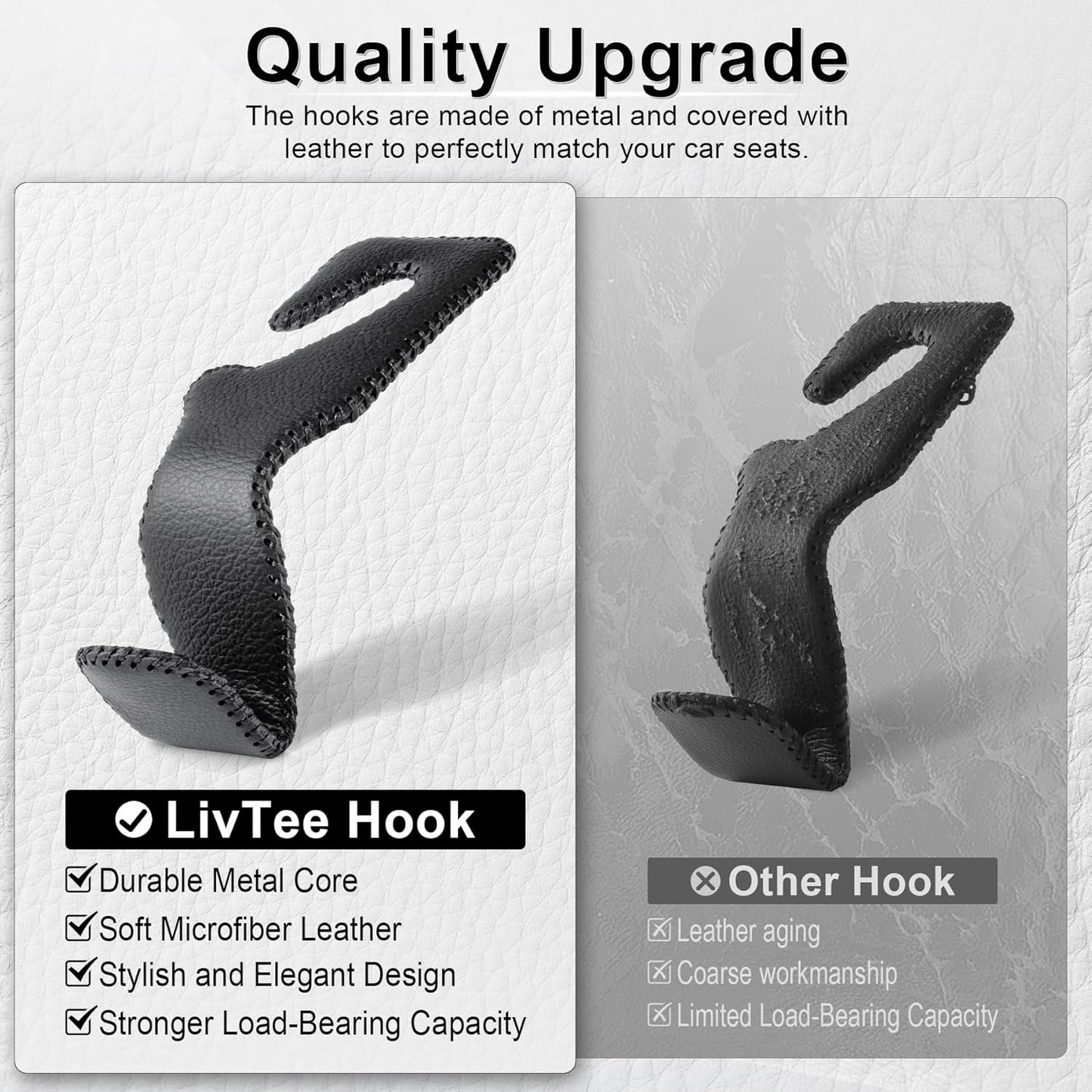 LivTee Headrest Hook for Car, Back Seat Organizer Black Leather Hanger Holder Hook, Interior Car Accessories for Hanging Purses Bags Coats, 4 Pack