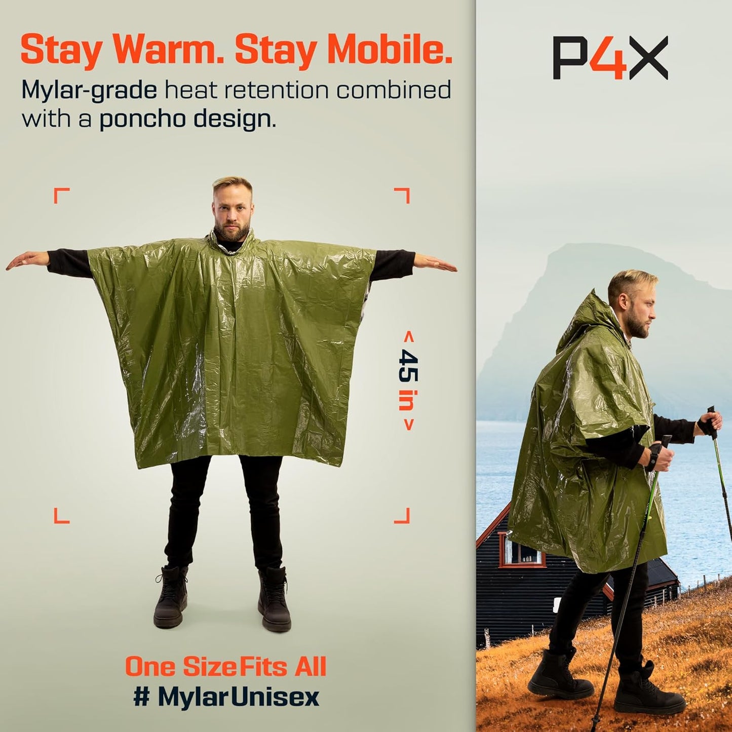 PREPARED4X Emergency Mylar Poncho – Survival Rain Poncho with Hood – Lightweight, Compact, Reusable Emergency Blanket Poncho for Hiking, Camping, Thermal Gear, Car Kit, Outdoors