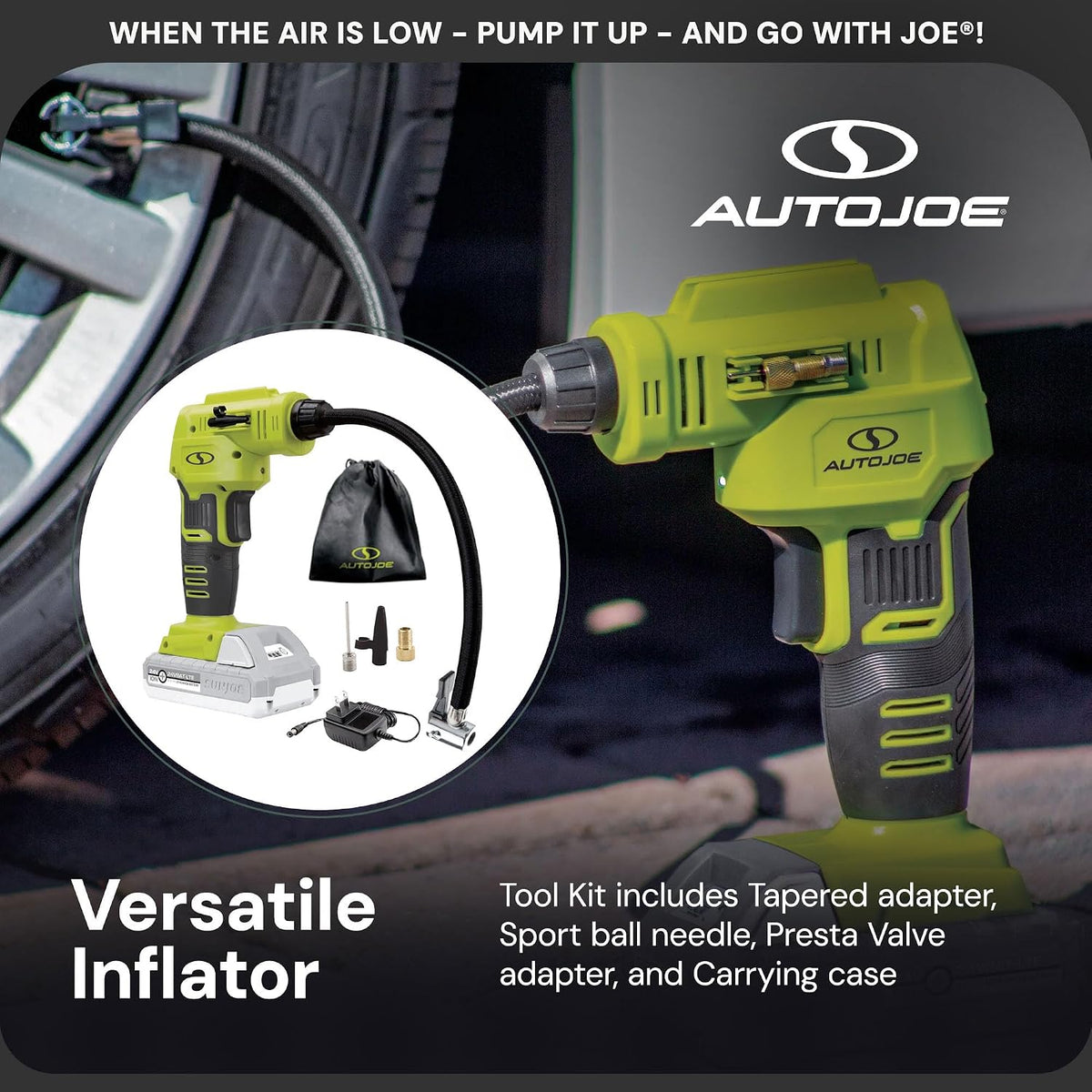 Sun Joe Cordless Tire Air Inflator and Compressor Kit w/ 2.0-Ah Battery, Charger and Nozzle Adapters - Portable Battery-Powered Inflating Tool for Car Wheels, Pools, and Bikes, IONMAX 24V-AJC-LTE