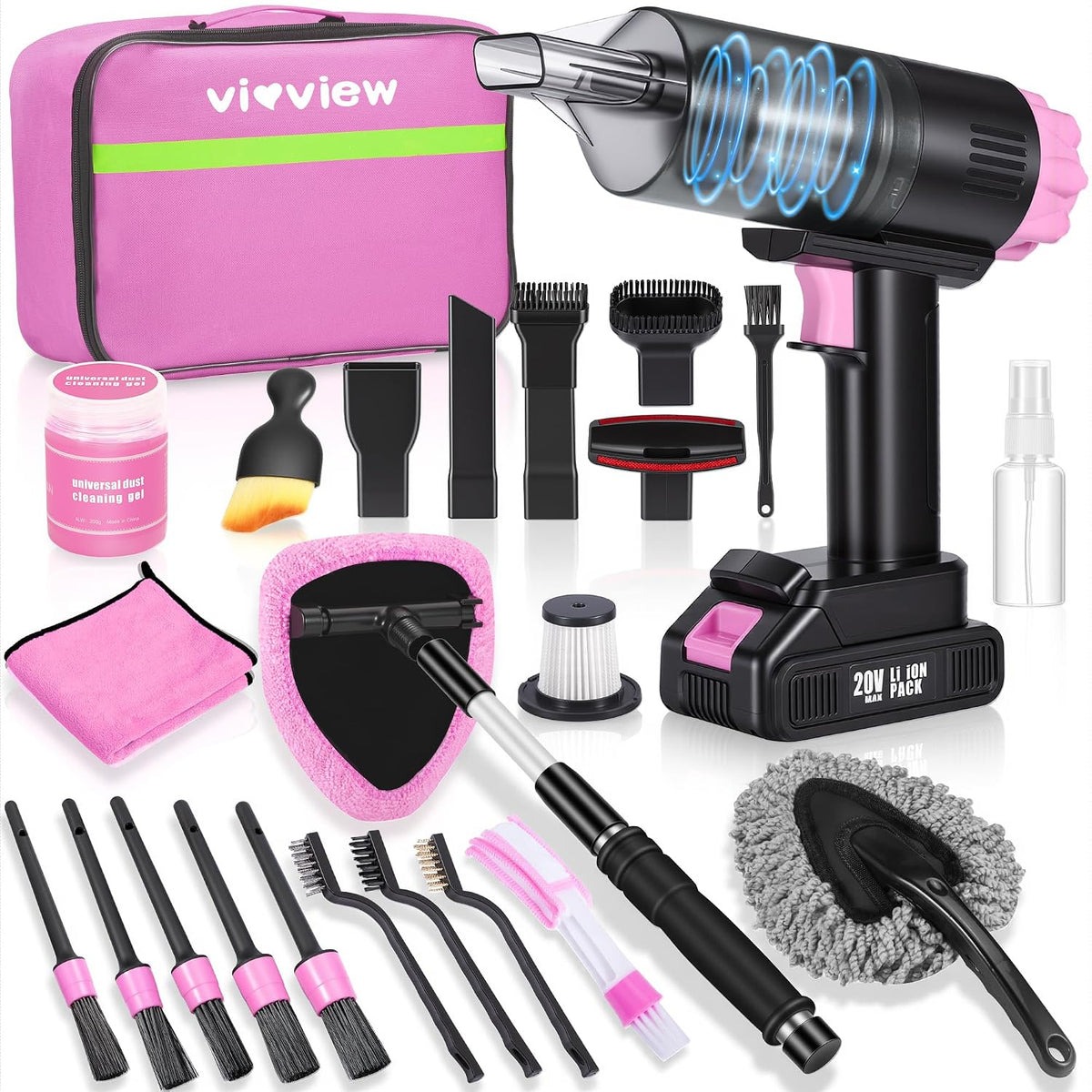 25pcs Car Cleaning Kit, Pink Interior Detailing Kit with High Power Vacuum Portable Cordless, Handheld Vacuum Cleaner for Home, Car, Pet Hair, Keyboard, Complete Auto Accessories for Gift