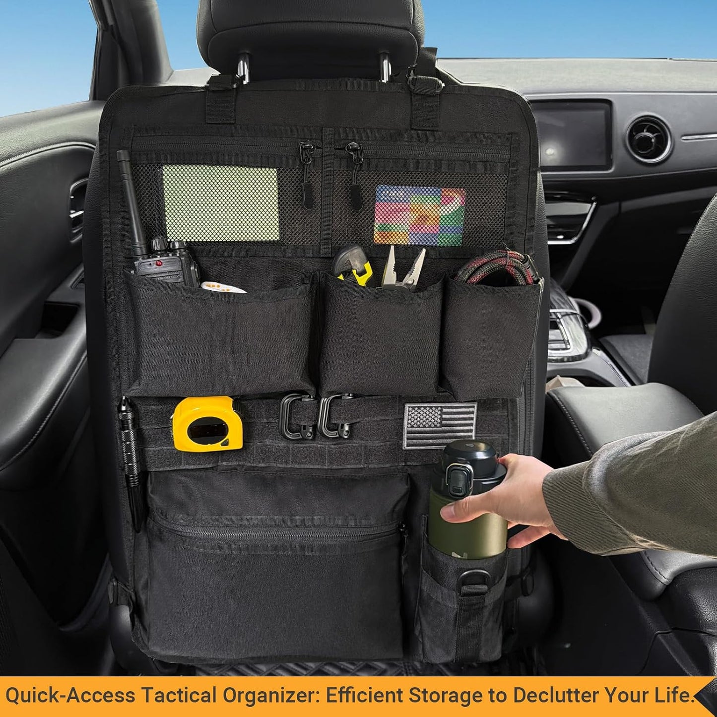 Tactical Car Seat Organizer with Multiple Pockets, MOLLE Panel System & Mesh Compartments, Durable Nylon Universal Vehicle Backseat Storage with Cup Holder, Water-Resistant (Black)