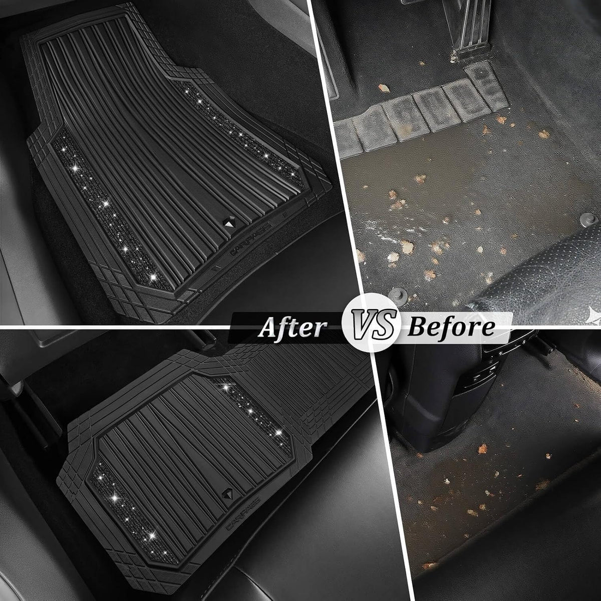 CAR PASS Bling Glitter Car Floor Mats Heavy Rubber Deep Water Proof, Black