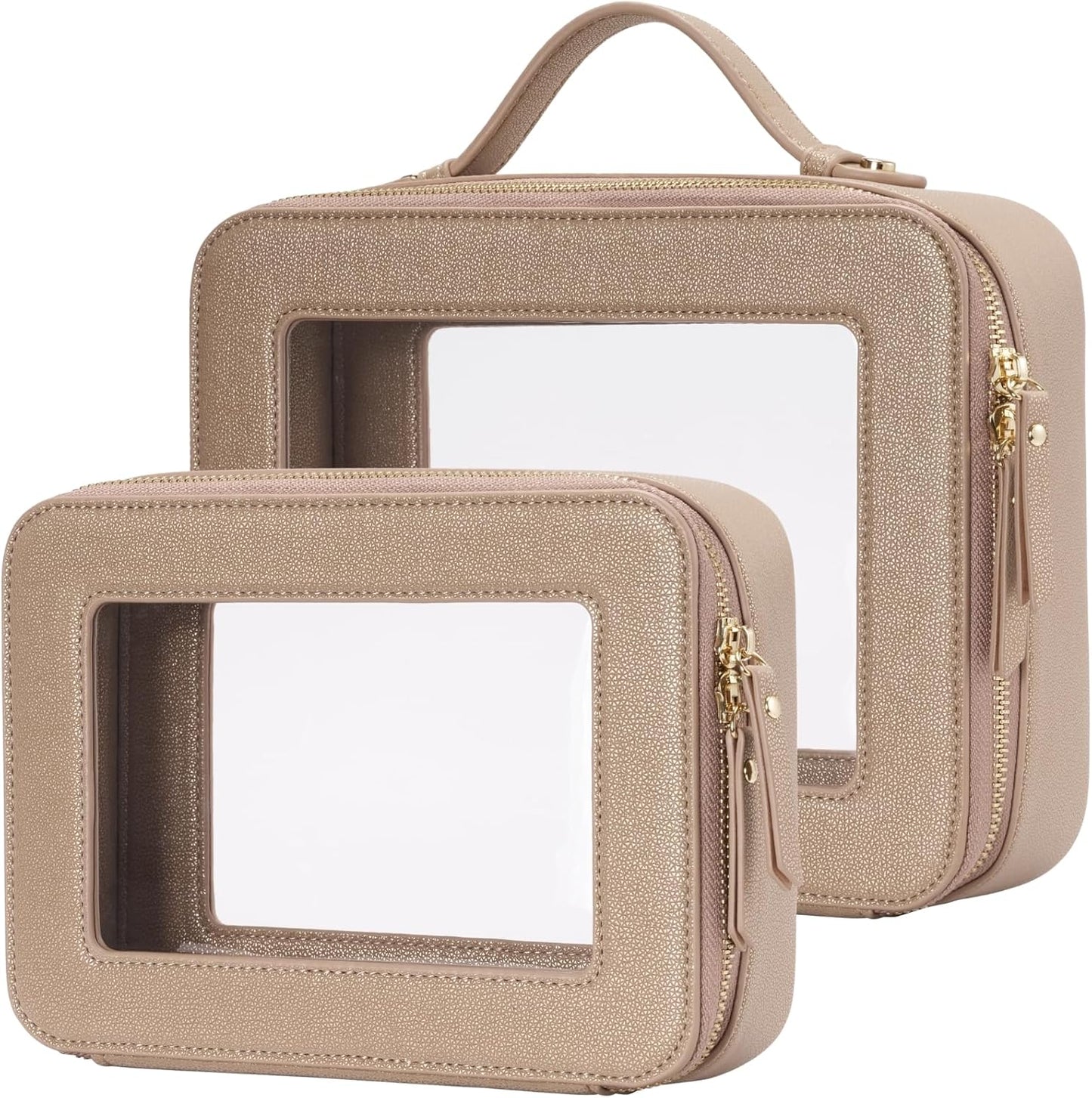 Popvibe Clear Makeup Bag Travel Cosmetic Case Transparent Toiletry Bag with Zipper, Portable Make Up Organizer Traveling Compact Car Bag for Essentials, Gold, Medium and Large