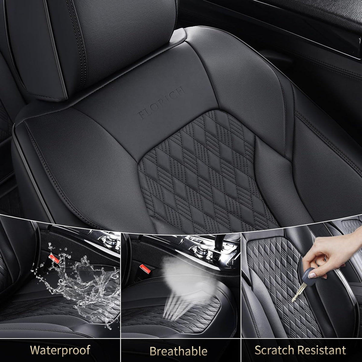 FLORICH Seat Covers, Car Seat Covers Front Seats, Luxury Nappa Leather Seat Covers, Breathable and Waterproof Car Seat Protector 2 Seat, Automotive Seat Covers Universal Fit for Most Cars-Black