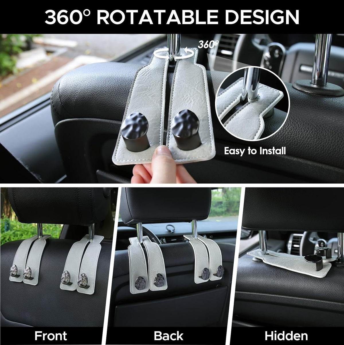 Leather Car Purse Hook for Headrest, 4 Pack, Grey-Black