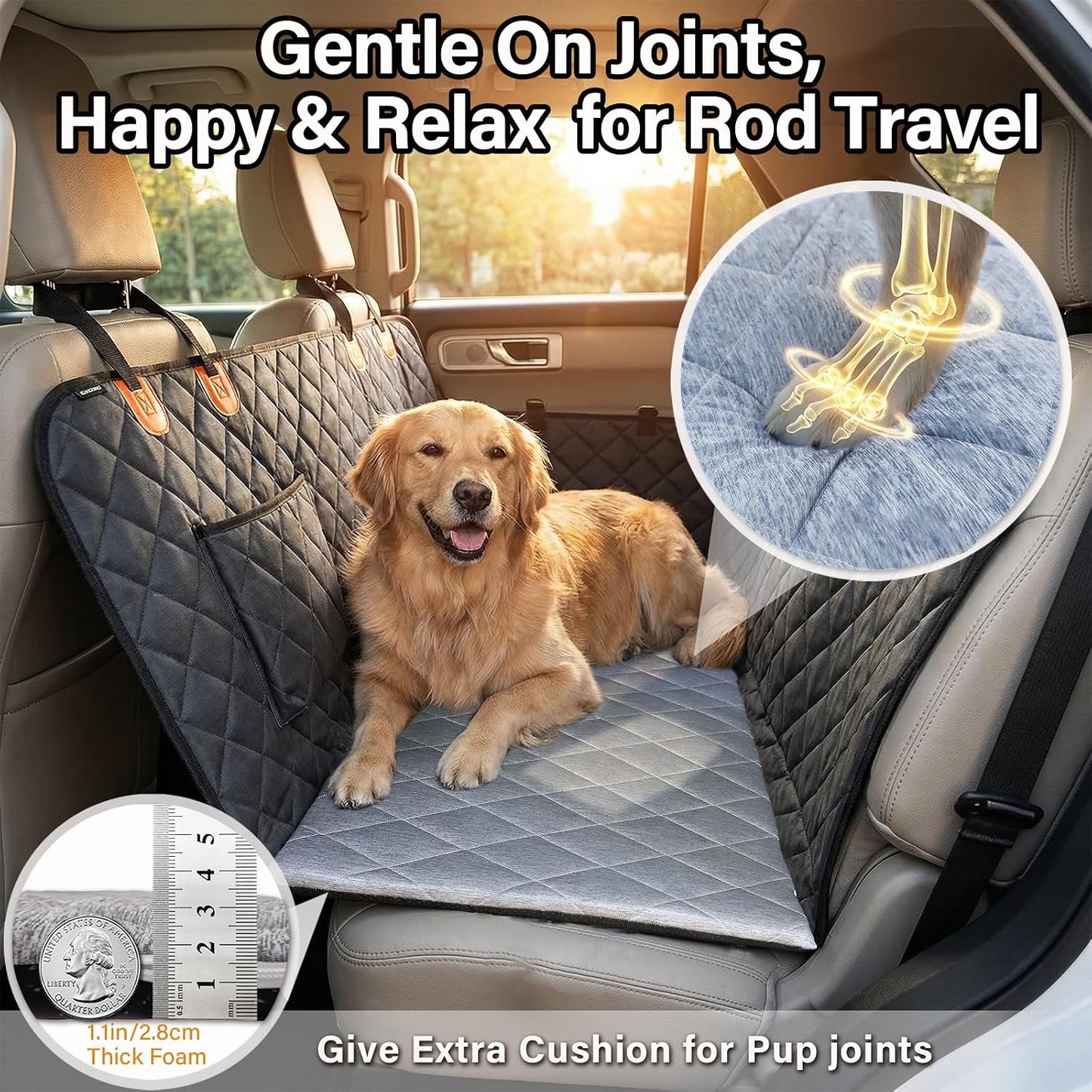 JoyBlooms Dog Bed for Car Back Seat, Dog Cooling Mat with 1.1in/2.8cm Thick Foam, Cooling Anti-Slip Washable Back Seat Pet Bed, 51.6in x 22.6in Fit on Backseat Extenders of SUVs and Small Trucks,Gray