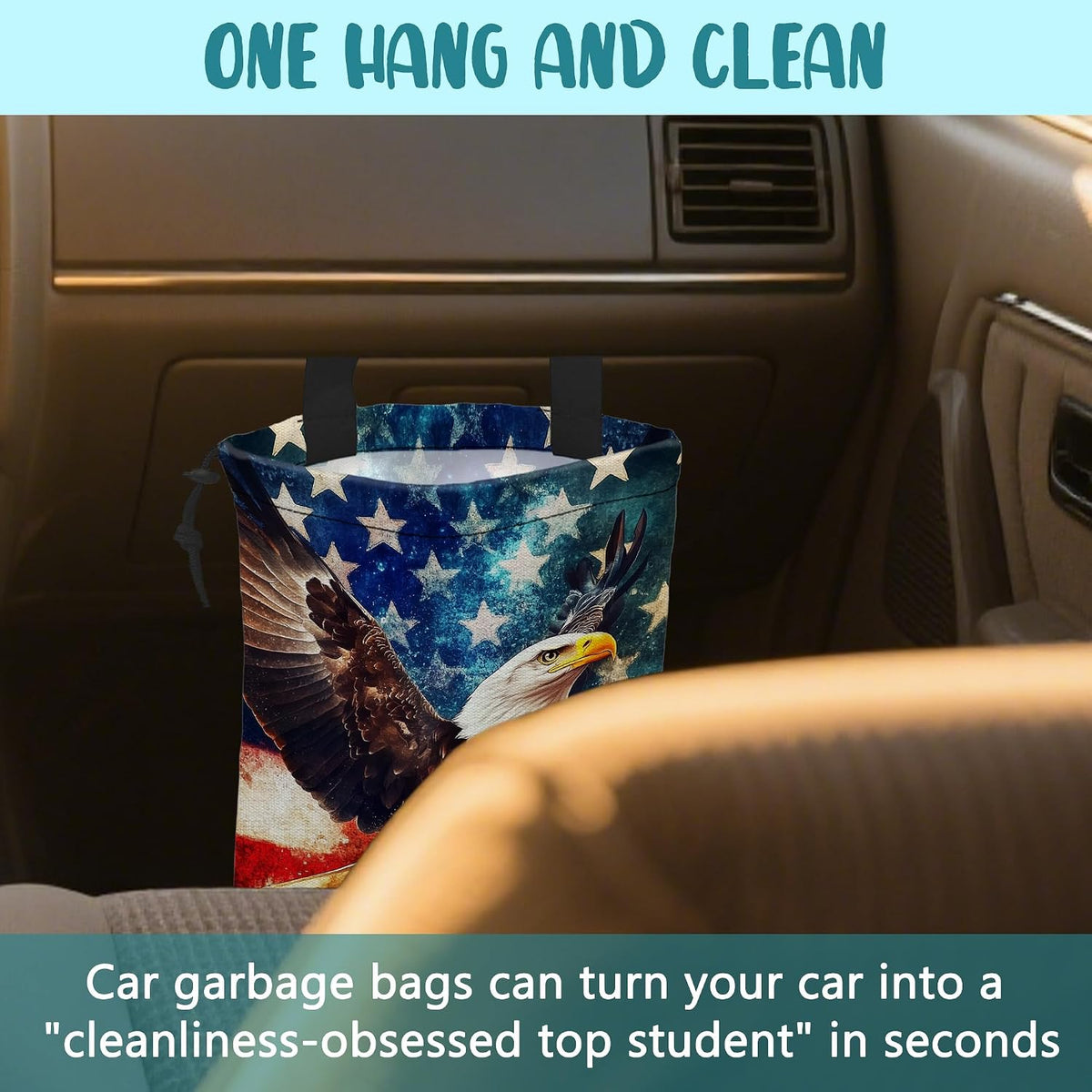 Car Garbage Bag Bald Eagle American Flag Drawstring Car Trash Bag Hanging for Back Seat with Adjustable Buckle Canvas Vehicle Trash Can Easy-to-Install